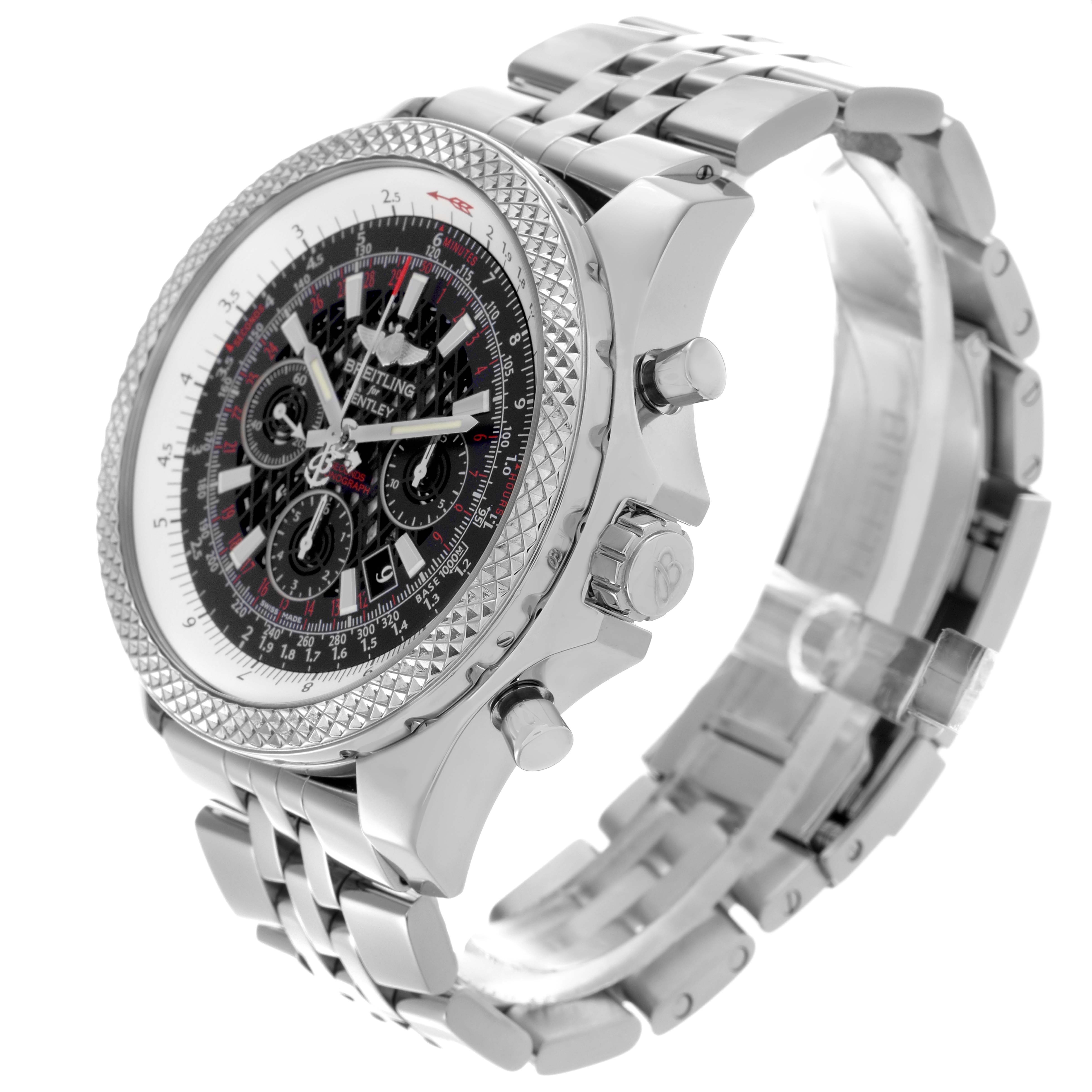 The Breitling Bentley AB0611 Men
s Stainless Steel Black Dial AB0611 Men
s Stainless Steel Black Dial watch is shown at a three-quarter angle, highlighting the face, bezel, crown, pushers, and stainless steel bracelet.
