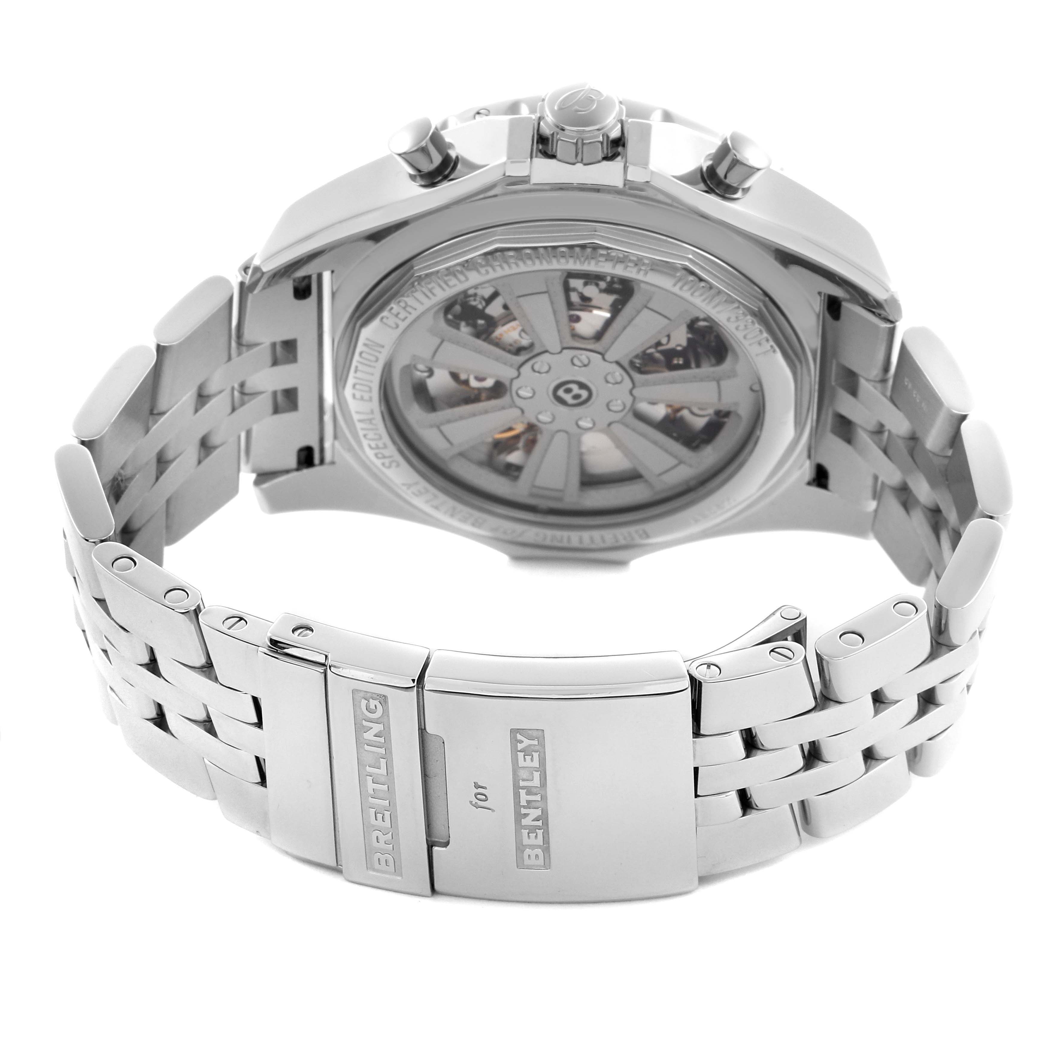 The image shows the back view of a Breitling for Bentley watch, highlighting the bracelet and transparent case back.