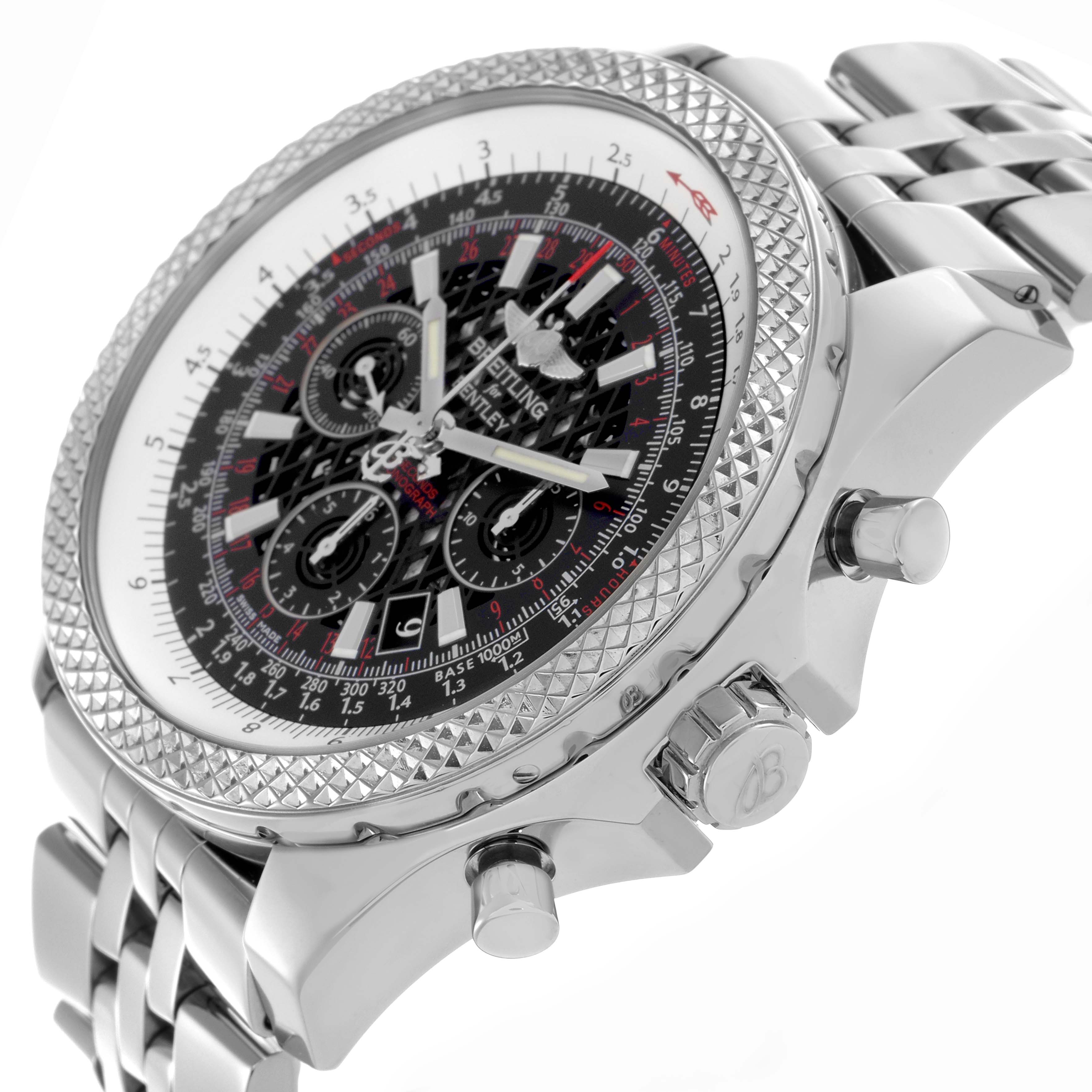 This Breitling Bentley AB0611 Men
s Stainless Steel Black Dial AB0611 Men
s Stainless Steel Black Dial watch is shown at an angled side view, highlighting the intricate bezel, dial details, and pushers.