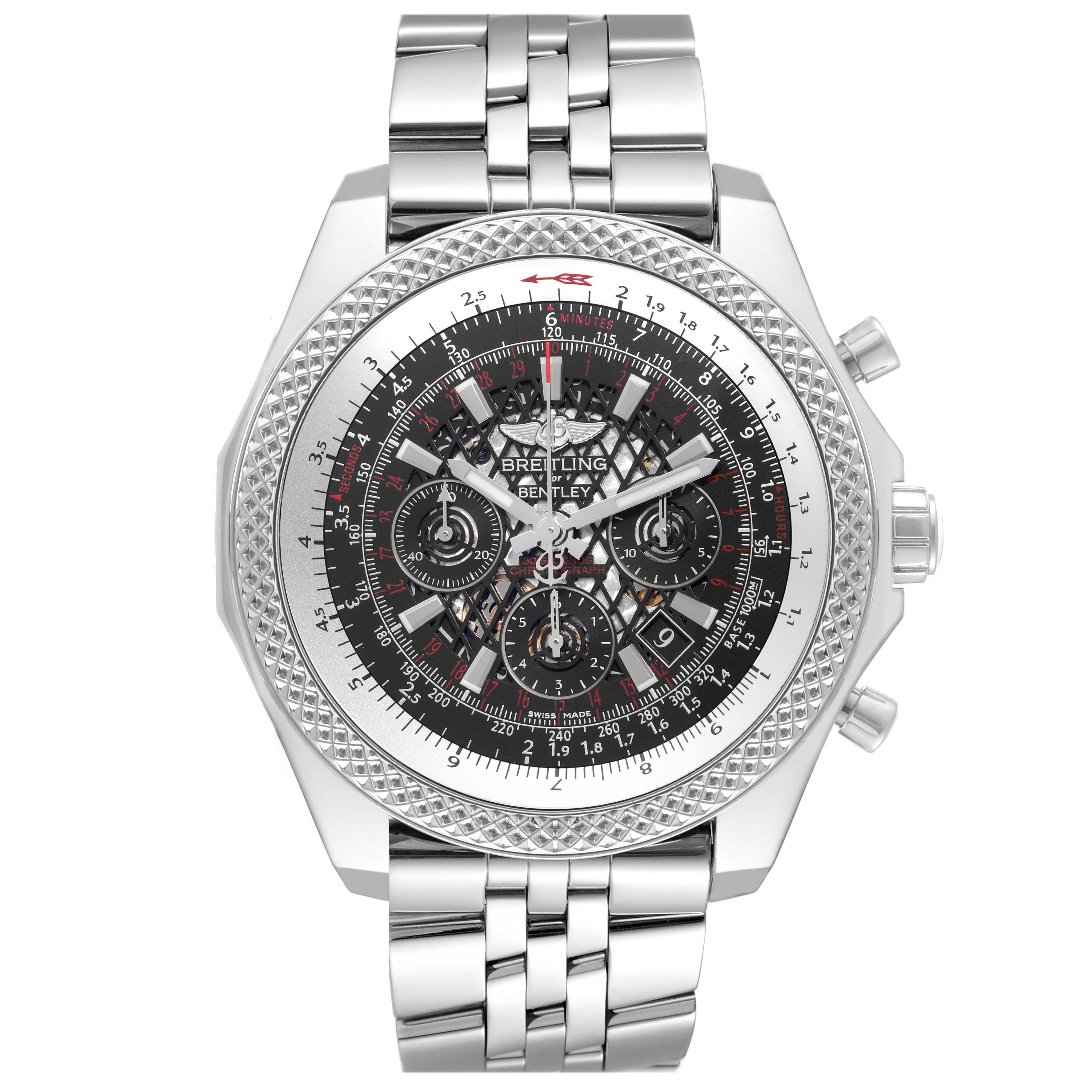 The Breitling Bentley AB0611 Men
s Stainless Steel Black Dial AB0611 Men
s Stainless Steel Black Dial watch is shown from a front angle, highlighting its intricate dial, bezel, and metal bracelet.