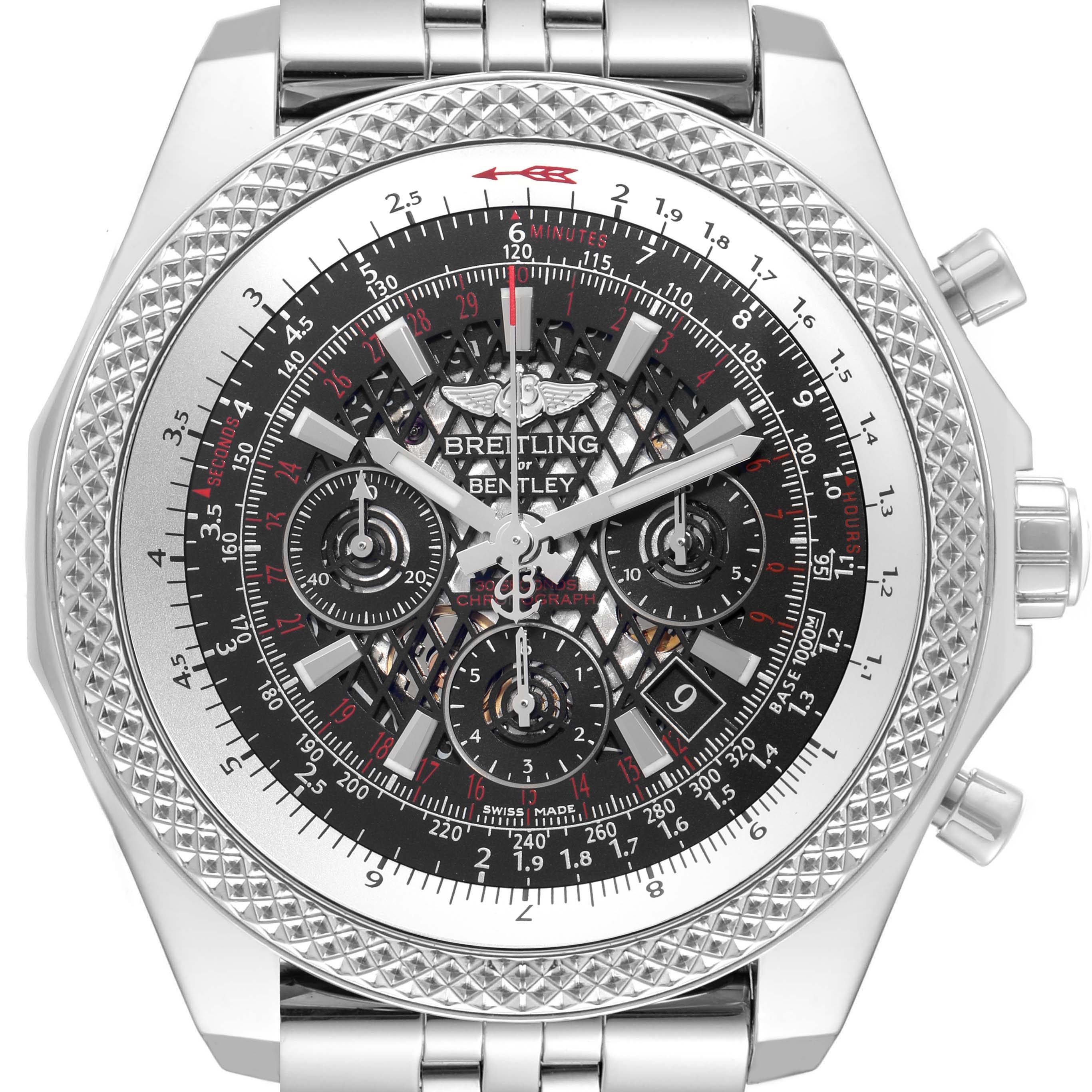 The Breitling Bentley AB0611 Men
s Stainless Steel Black Dial AB0611 Men
s Stainless Steel Black Dial watch is shown from a top view, highlighting the intricate dial and bezel details.