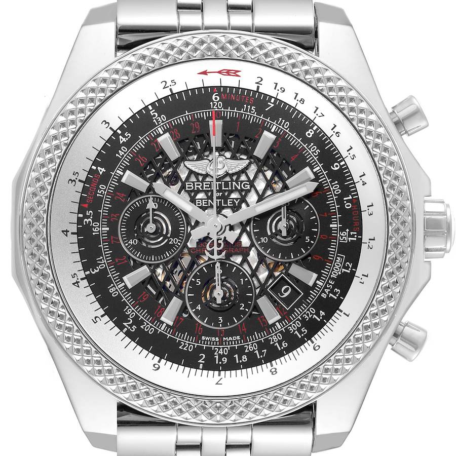 The Breitling Bentley watch is shown from a top view, highlighting the intricate dial and bezel details.