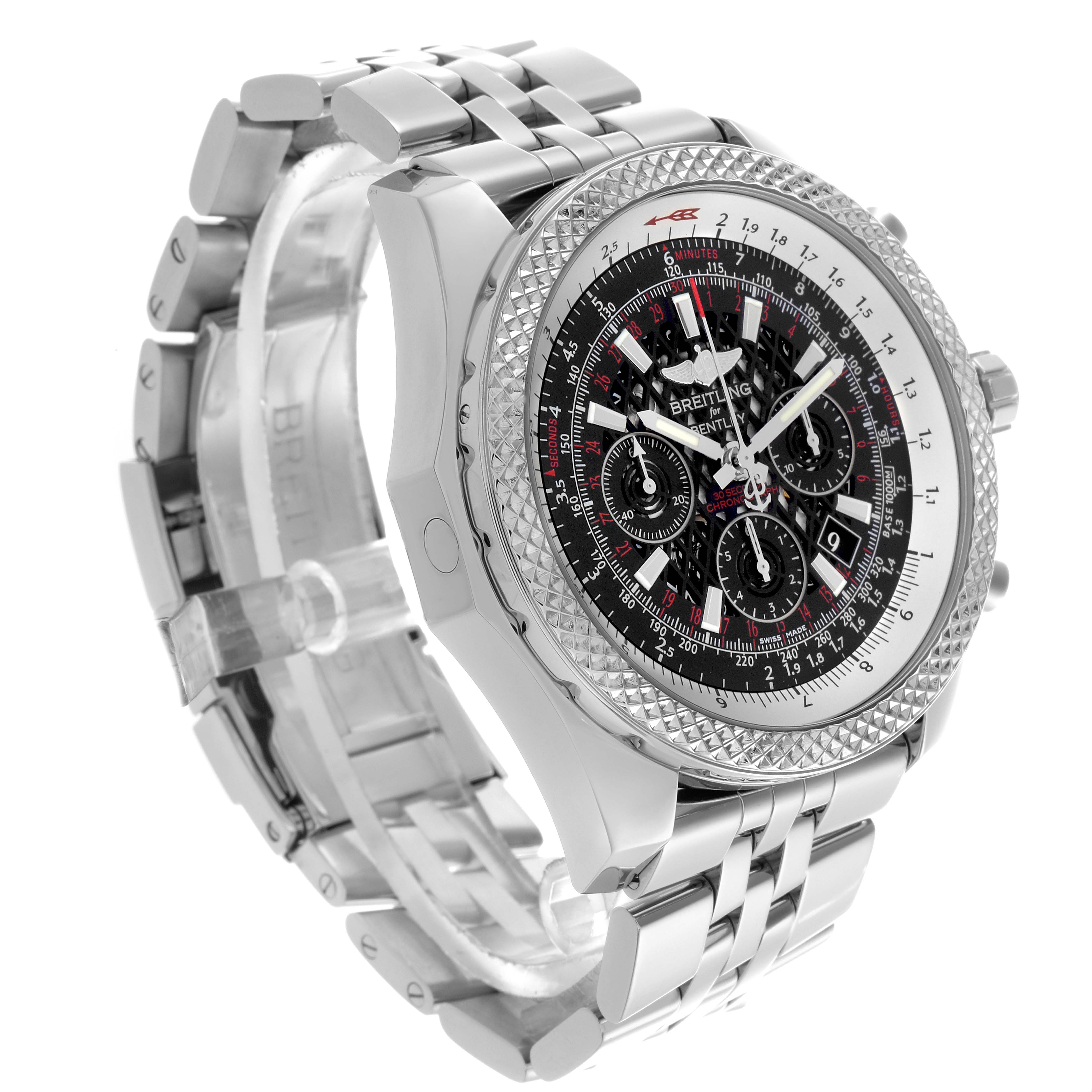 The Breitling Bentley AB0611 Men
s Stainless Steel Black Dial AB0611 Men
s Stainless Steel Black Dial watch is shown at a three-quarter angle, highlighting the face, bezel, and metal bracelet.