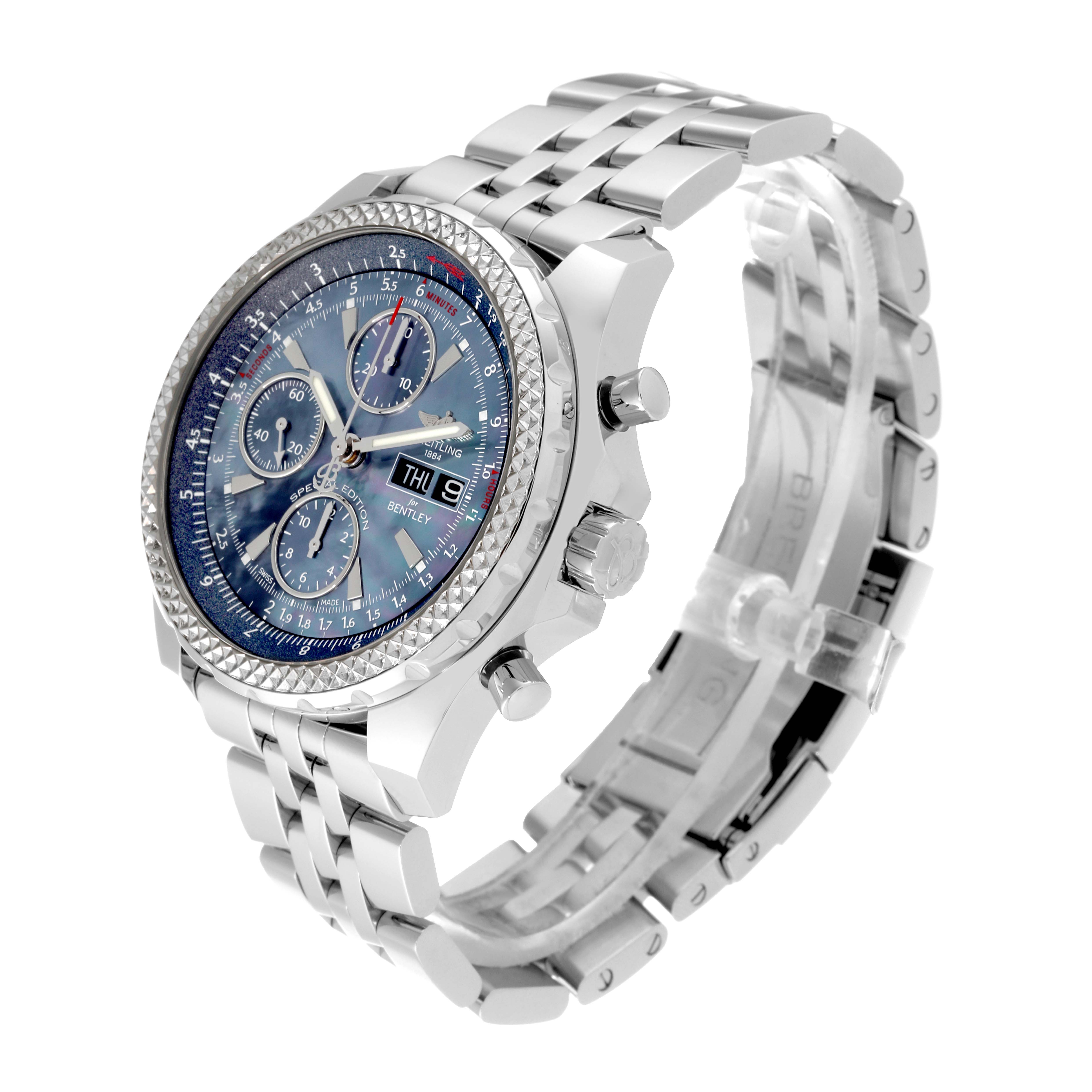 The Breitling Bentley A13362 Men's Stainless Steel Mother of Pearl Dial A13362 Men's Stainless Steel Mother of Pearl Dial watch is shown at a 3/4 angle, displaying its face, side buttons, and metal bracelet.