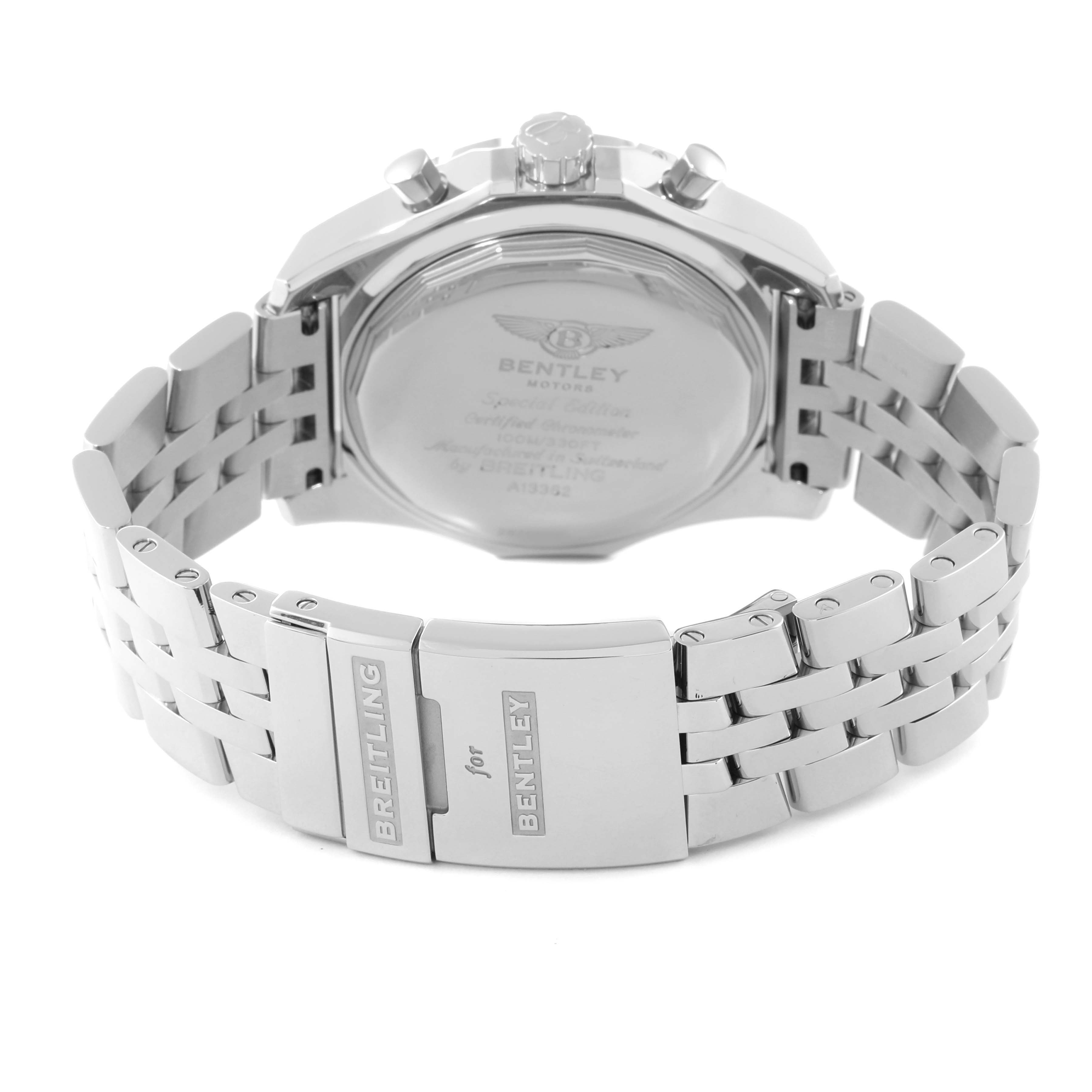This image shows the back and clasp of the Breitling Bentley A13362 Men's Stainless Steel Mother of Pearl Dial A13362 Men's Stainless Steel Mother of Pearl Dial model watch, highlighting the engraved details and metal bracelet.