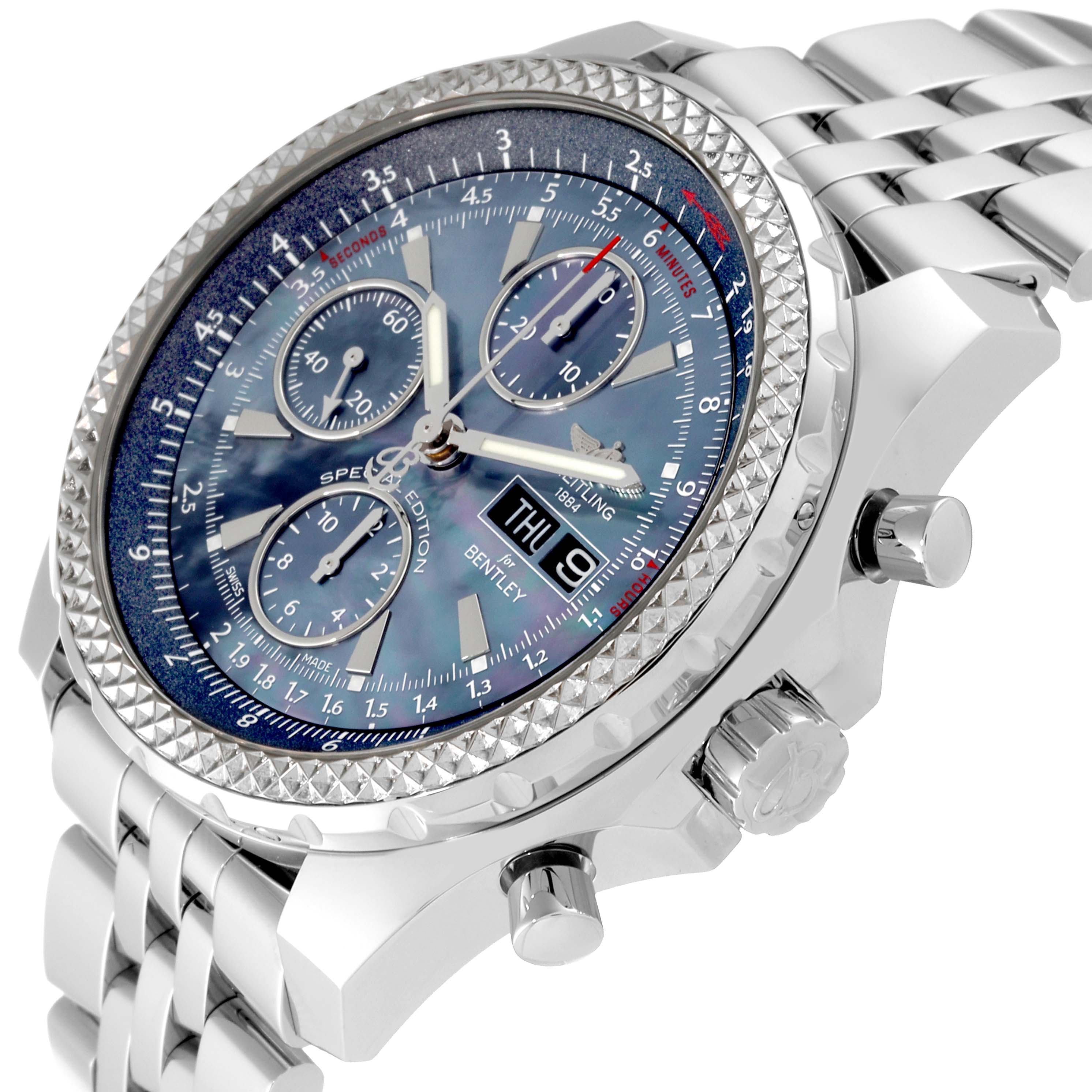 The image shows a Breitling Bentley A13362 Men's Stainless Steel Mother of Pearl Dial A13362 Men's Stainless Steel Mother of Pearl Dial watch angled from the side, displaying its dial, bezel, crown, push buttons, and metal bracelet.