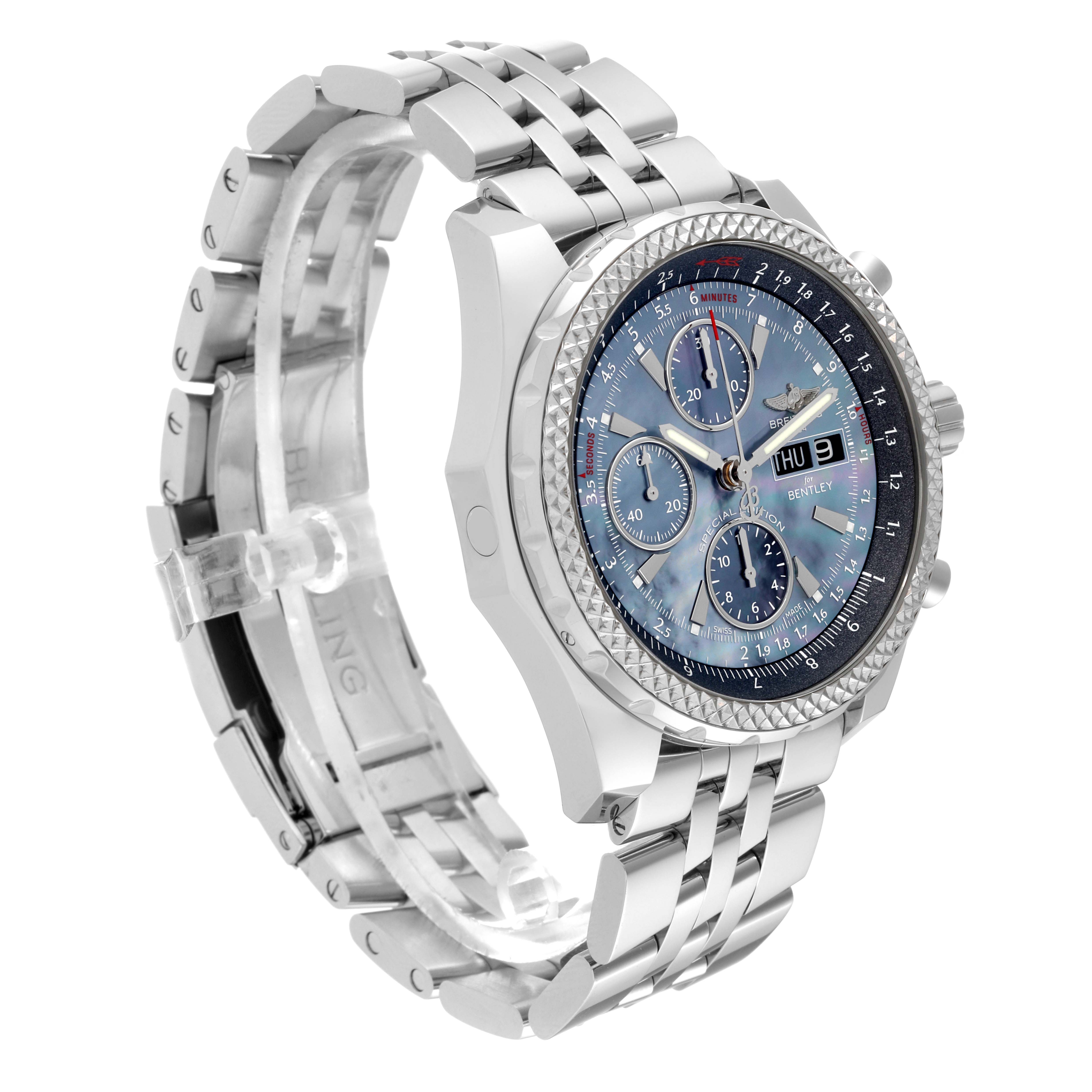 The image shows a Breitling Bentley A13362 Men's Stainless Steel Mother of Pearl Dial A13362 Men's Stainless Steel Mother of Pearl Dial model watch at a three-quarter angle, showcasing the face, bezel, crown, and stainless steel bracelet.