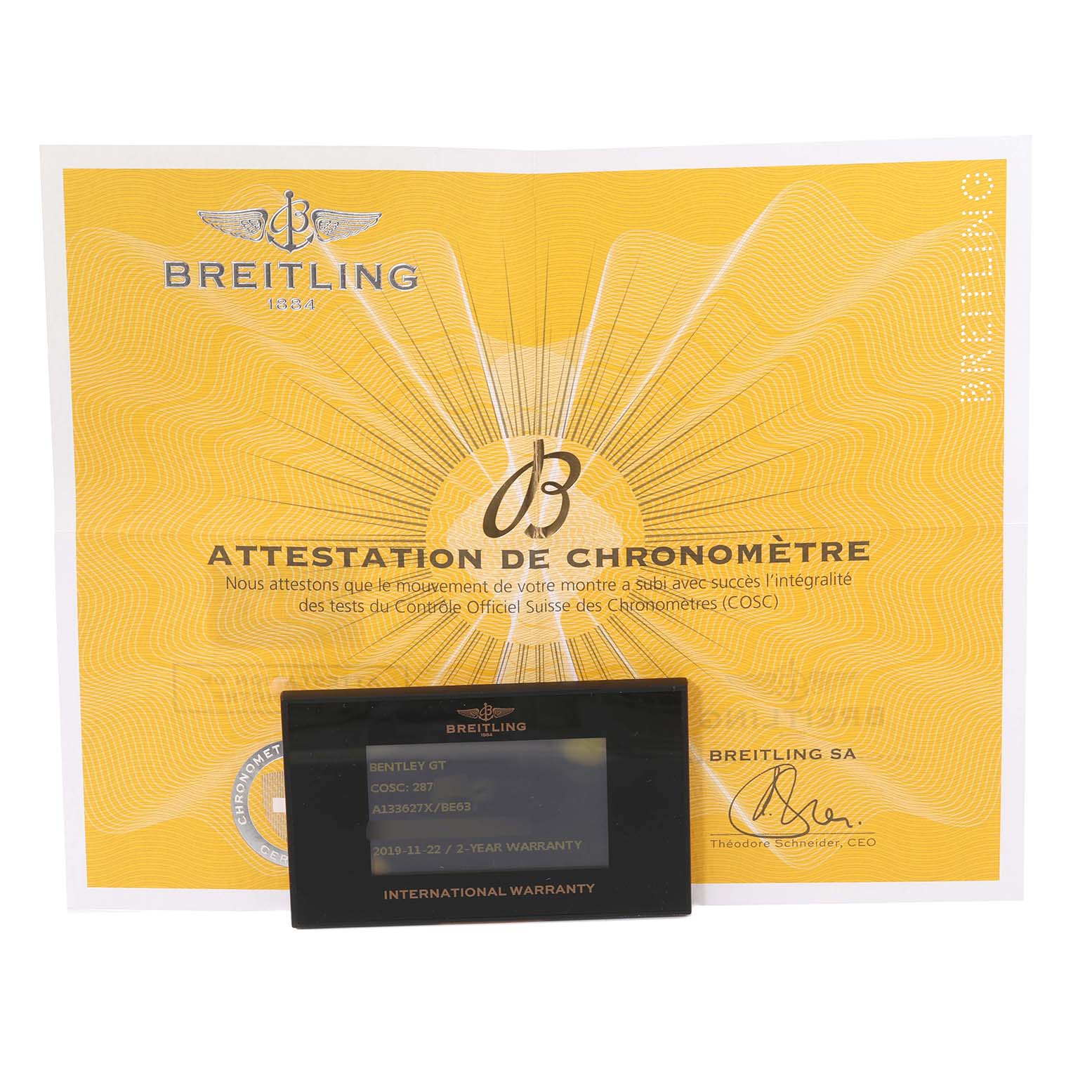 The image shows the Breitling Bentley A13362 Men's Stainless Steel Mother of Pearl Dial A13362 Men's Stainless Steel Mother of Pearl Dial model's chronometer certificate and international warranty card.