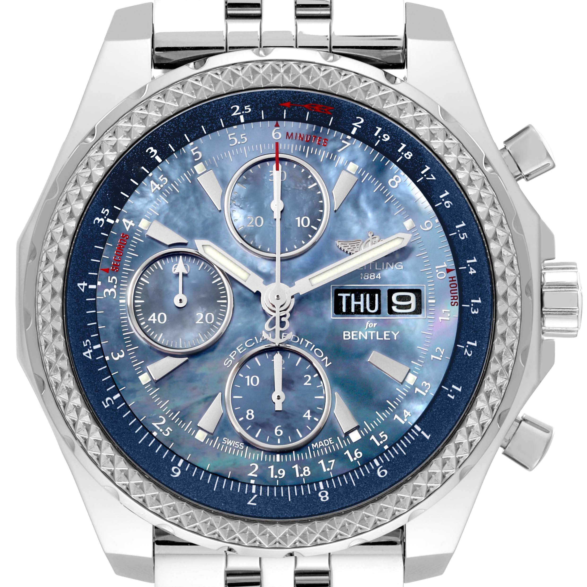The image shows a close-up of the dial and bezel of the Breitling Bentley A13362 Men's Stainless Steel Mother of Pearl Dial A13362 Men's Stainless Steel Mother of Pearl Dial model watch, highlighting the chronograph features and date display.
