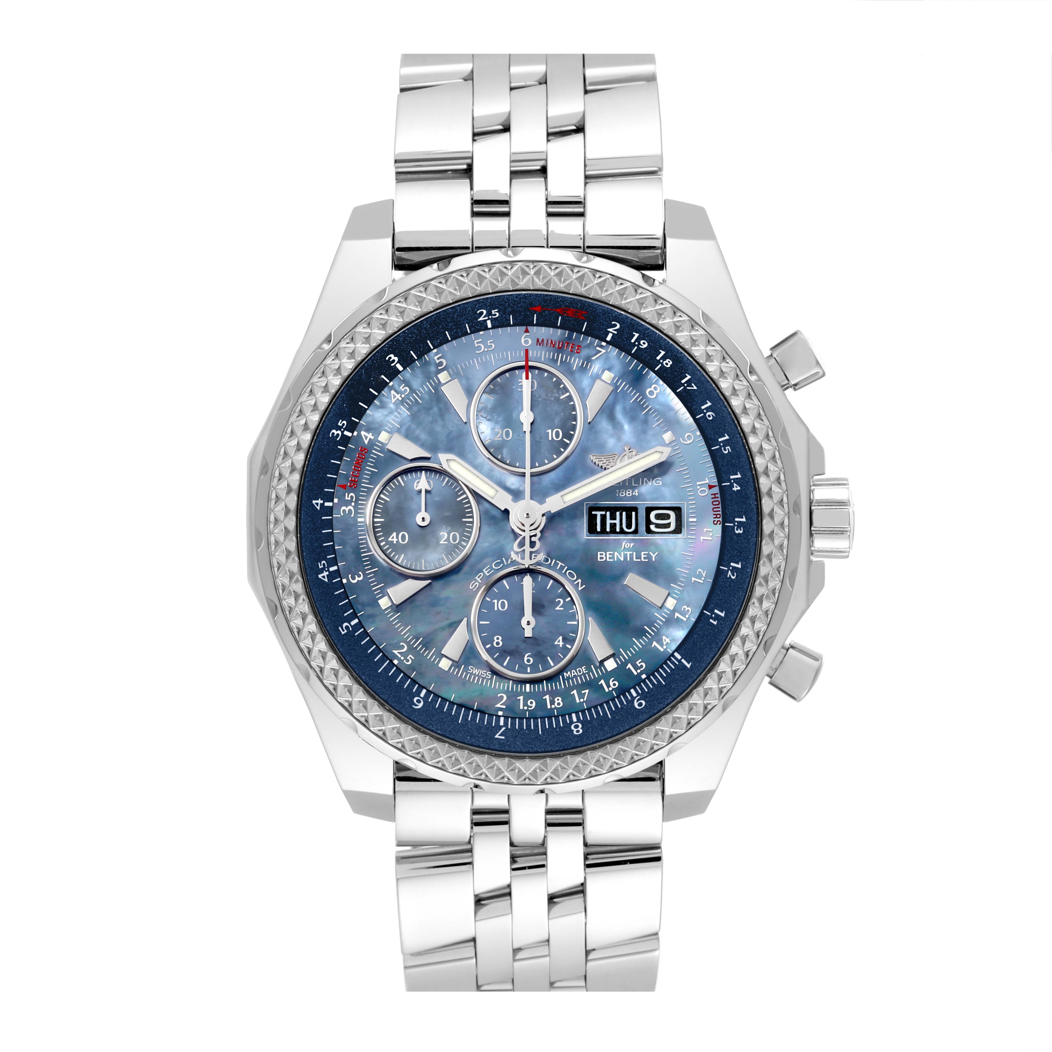 The image shows a frontal view of the Breitling Bentley A13362 Men's Stainless Steel Mother of Pearl Dial A13362 Men's Stainless Steel Mother of Pearl Dial model watch, highlighting its dial, bezel, and bracelet.