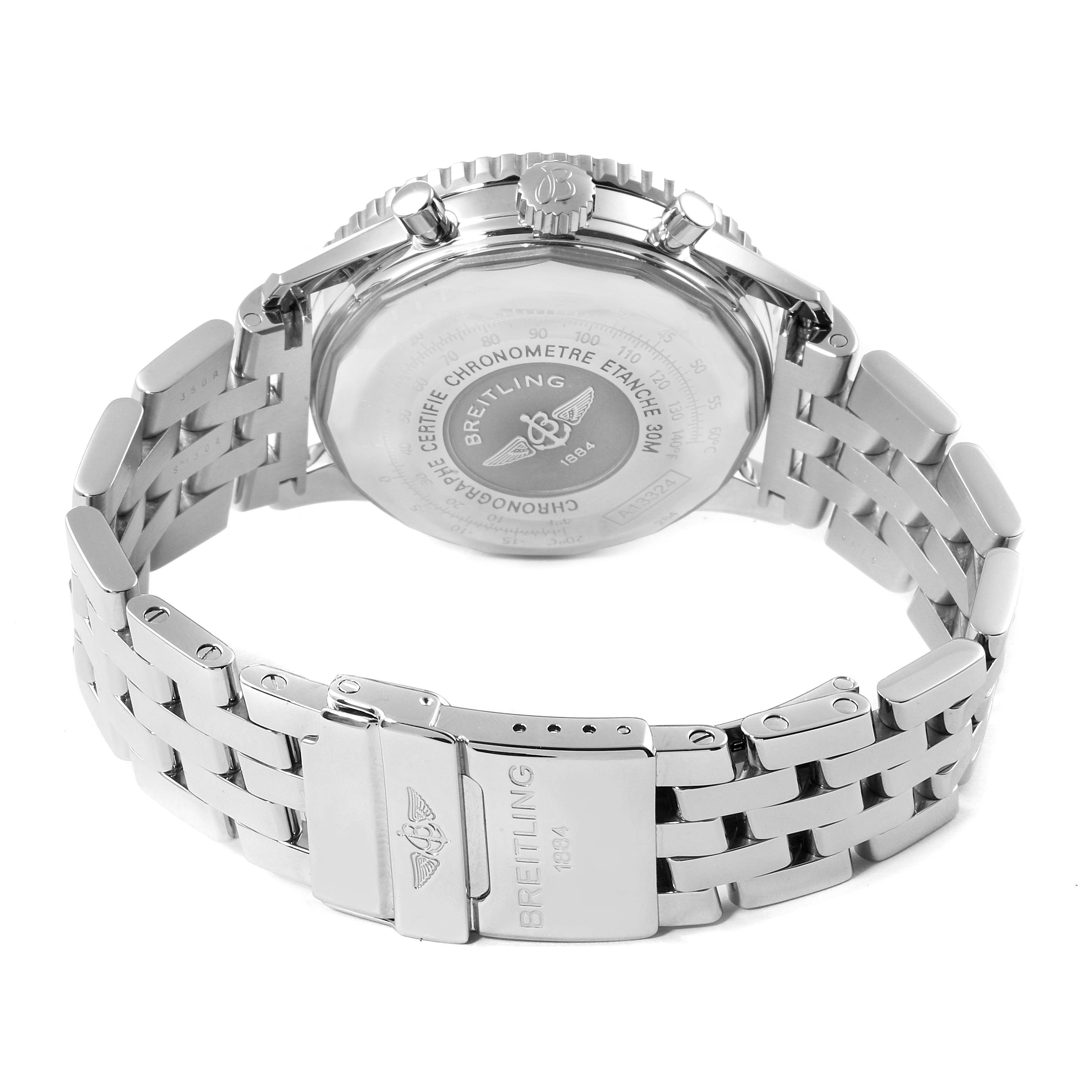 This image shows the back angle of a Breitling Navitimer A13324 Men
s Stainless Steel Blue Dial A13324 Men
s Stainless Steel Blue Dial watch, highlighting the case back and the metal bracelet with a Breitling clasp.