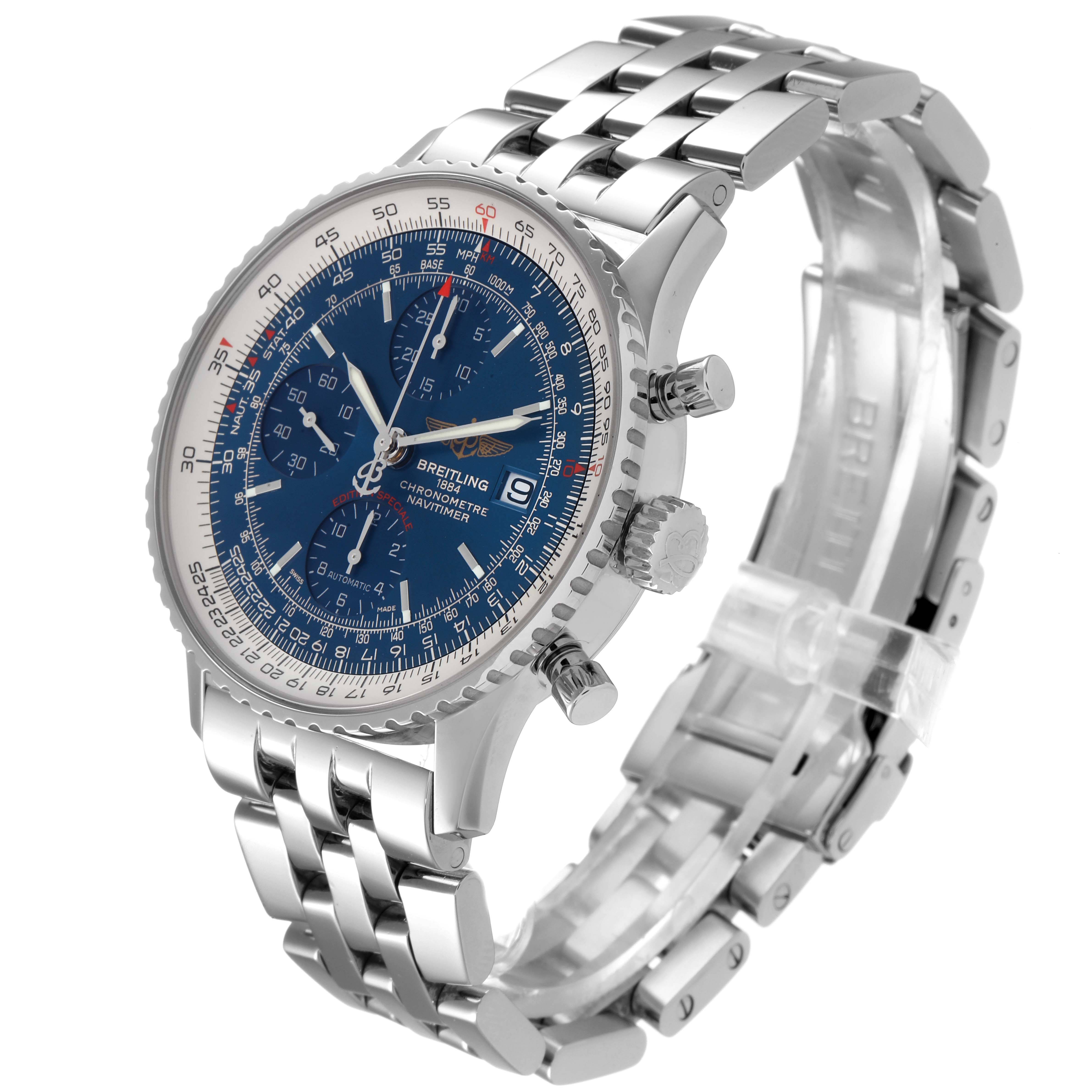 The image shows a Breitling Navitimer A13324 Men
s Stainless Steel Blue Dial A13324 Men
s Stainless Steel Blue Dial watch at a three-quarter angle, highlighting the dial, bezel, crown, and metal bracelet.