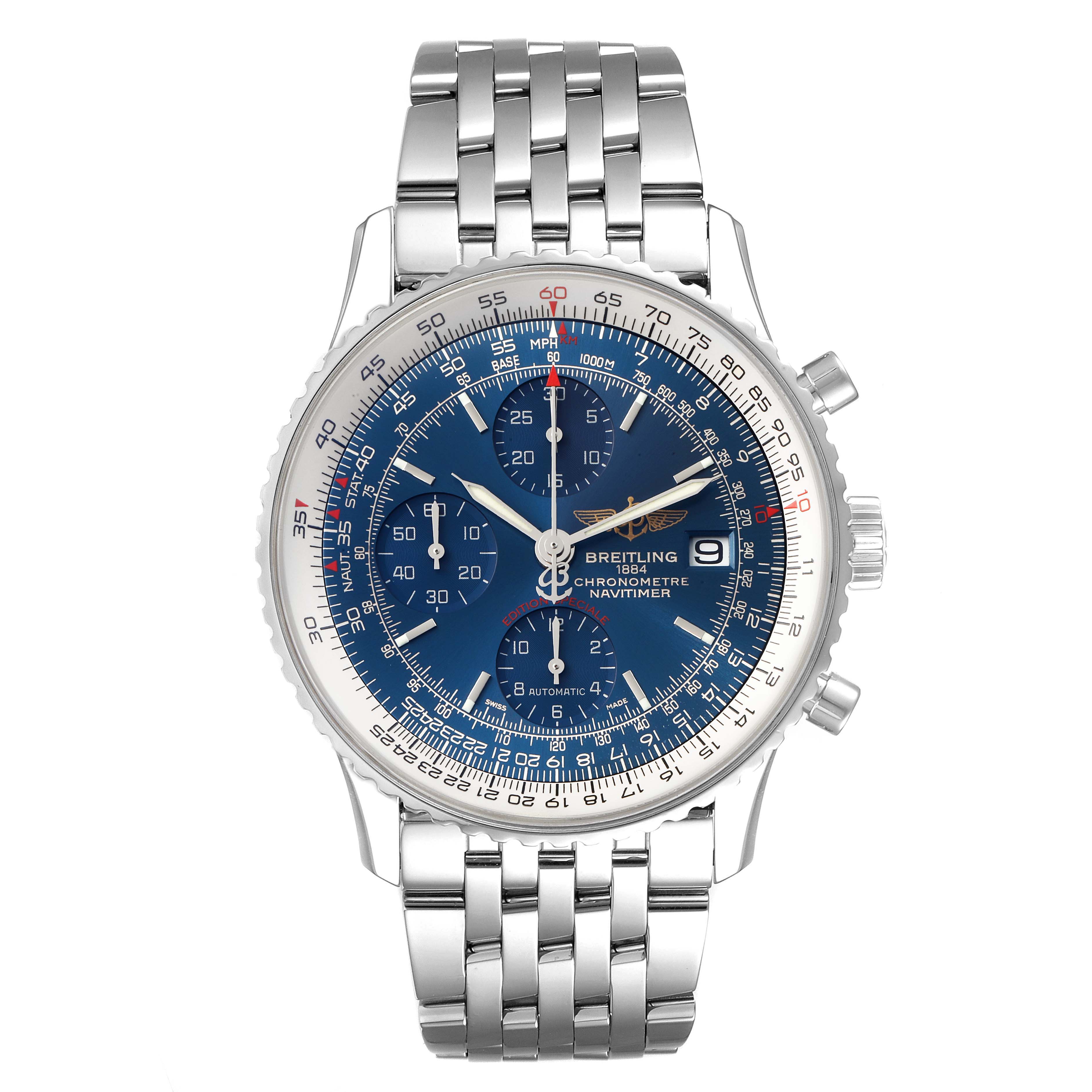 This image shows a frontal view of a Breitling Navitimer A13324 Men
s Stainless Steel Blue Dial A13324 Men
s Stainless Steel Blue Dial watch, emphasizing the blue dial, chronograph subdials, and metal bracelet.