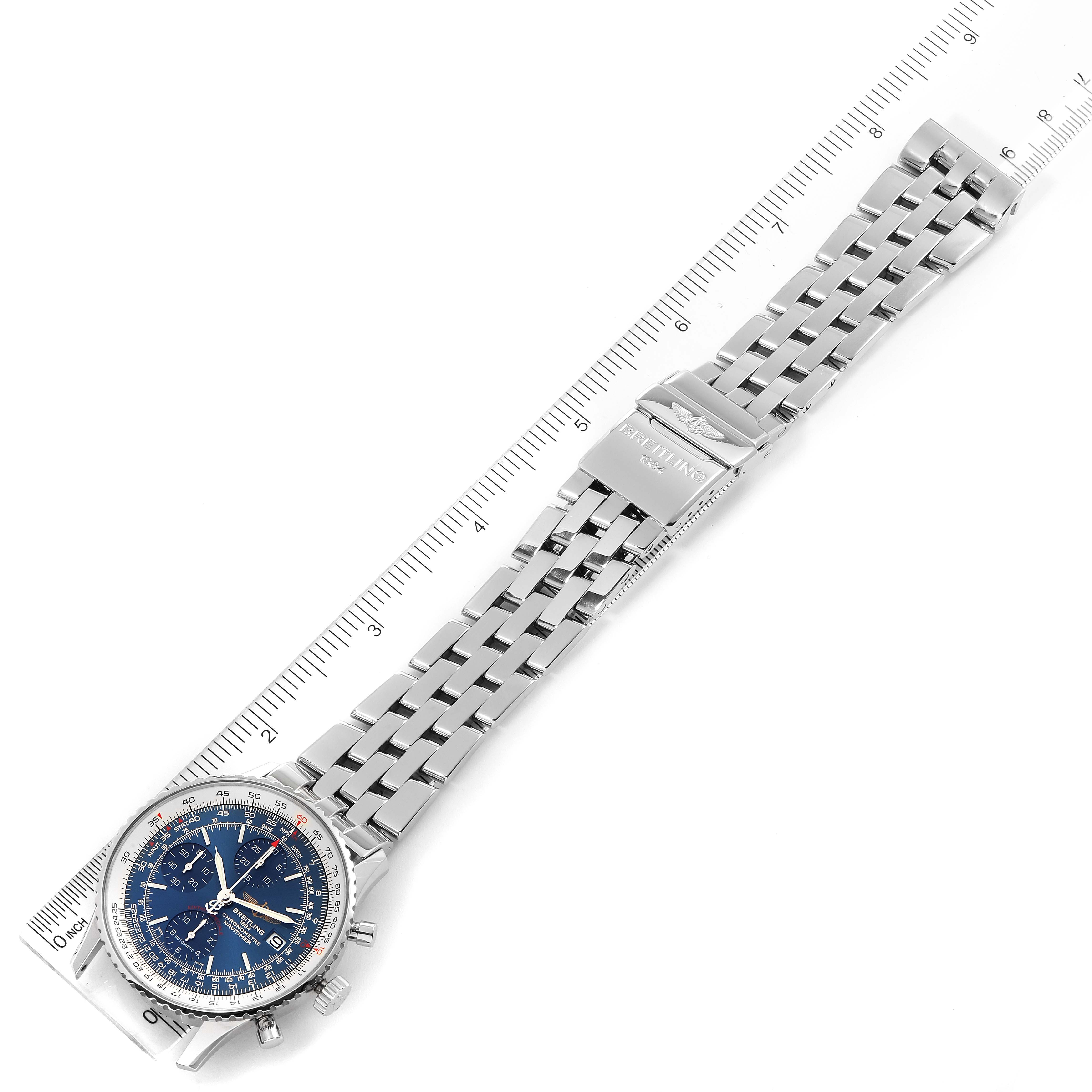 The Breitling Navitimer A13324 Men
s Stainless Steel Blue Dial A13324 Men
s Stainless Steel Blue Dial watch is shown from an elevated angle, displaying the face, bezel, crown, pushers, and stainless steel bracelet.
