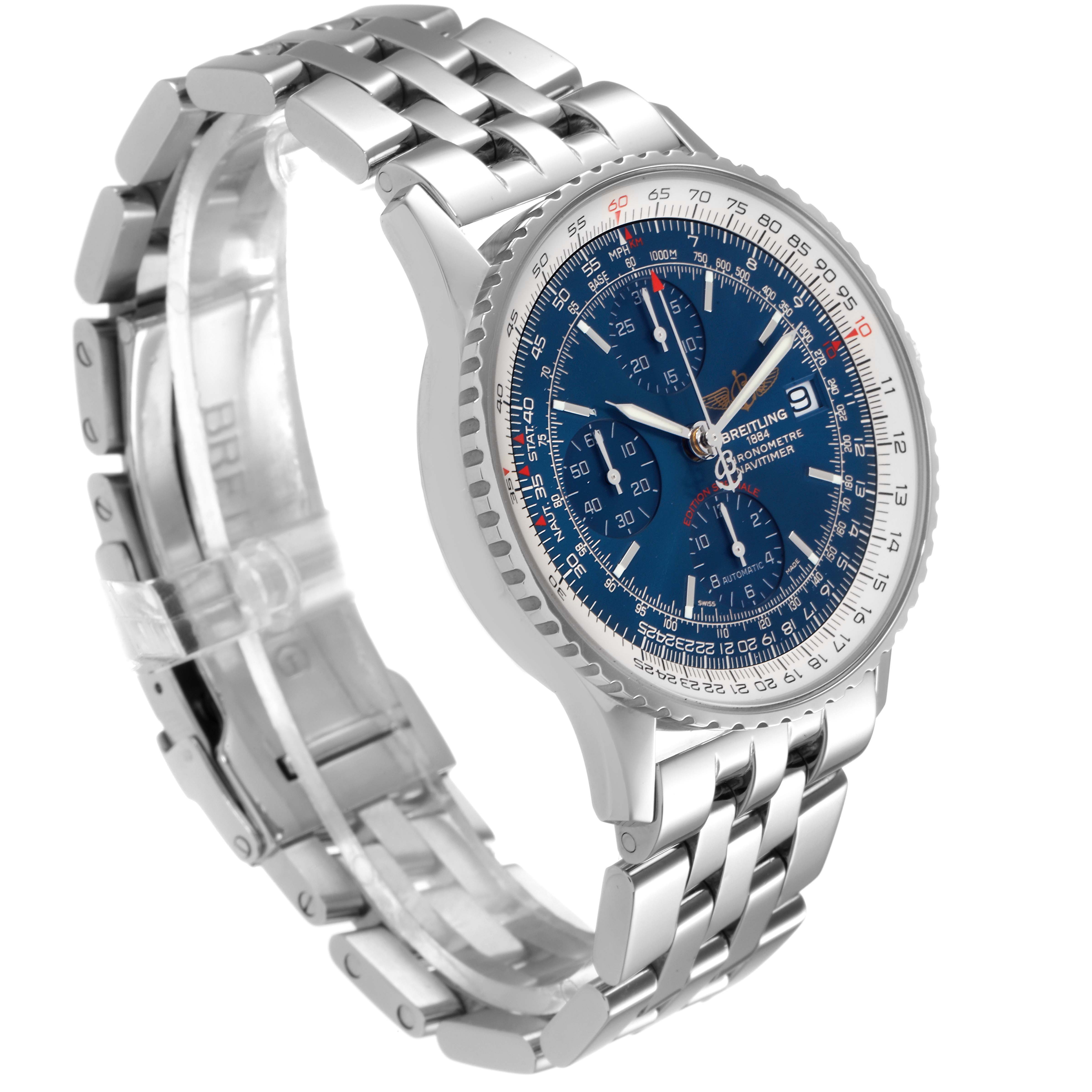 The Breitling Navitimer A13324 Men
s Stainless Steel Blue Dial A13324 Men
s Stainless Steel Blue Dial watch is shown from a three-quarter angle, highlighting the dial, bezel, and stainless steel bracelet.