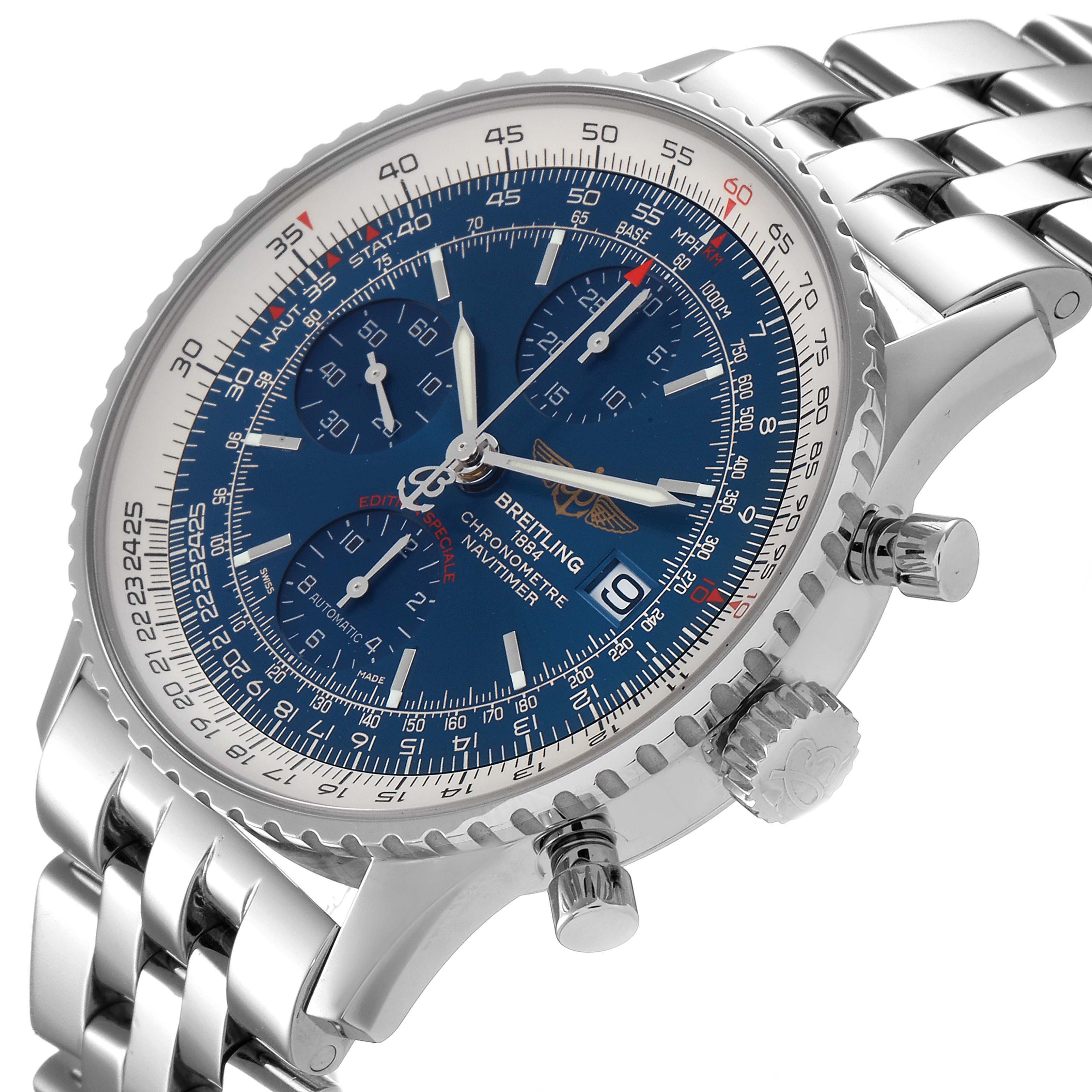 The image shows a Breitling Navitimer A13324 Men
s Stainless Steel Blue Dial A13324 Men
s Stainless Steel Blue Dial watch at a slight angle, highlighting its blue dial, chronograph subdials, and stainless steel bracelet.