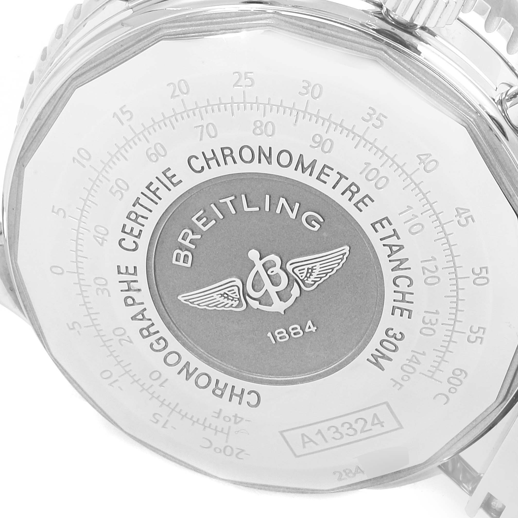 Close-up of the back case of a Breitling Navitimer A13324 Men
s Stainless Steel Blue Dial A13324 Men
s Stainless Steel Blue Dial watch, showing its engraving and model number A13324.