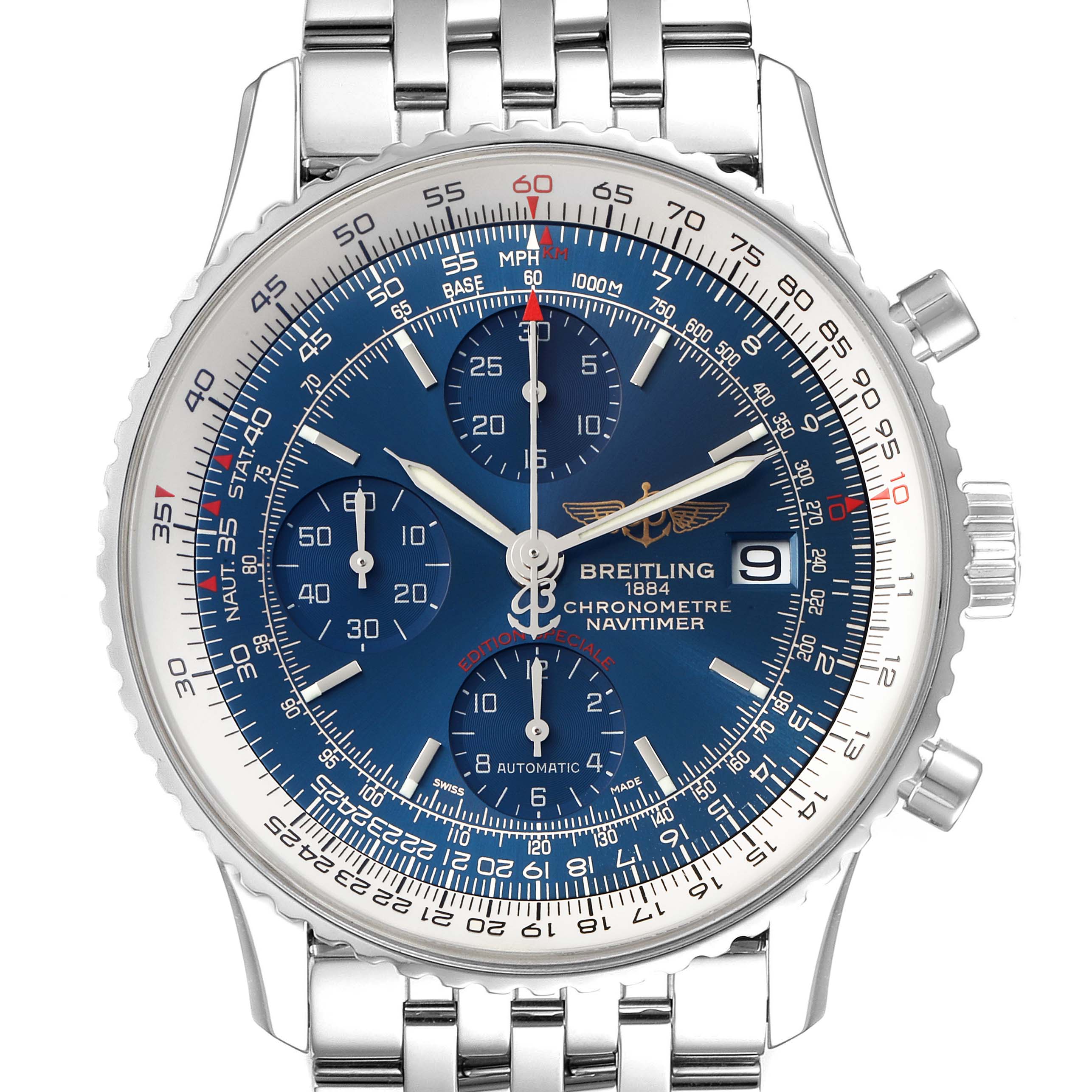The image shows a front view of the Navitimer watch by Breitling, highlighting its dial, chronographs, bezel, and bracelet.