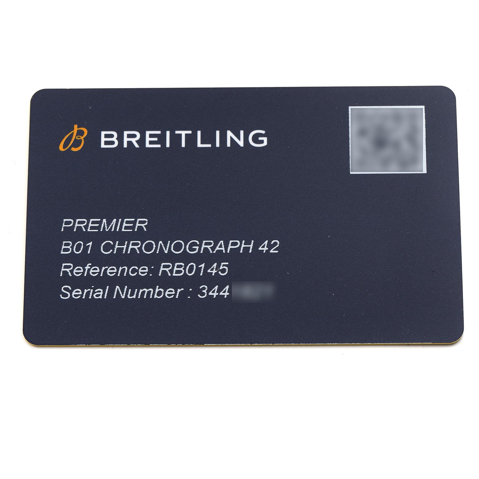 The image shows a warranty card for the Breitling Premier RB0145 Men
s Rose Gold Silver Dial RB0145 Men
s Rose Gold Silver Dial B01 Chronograph 42 with reference and serial number details.