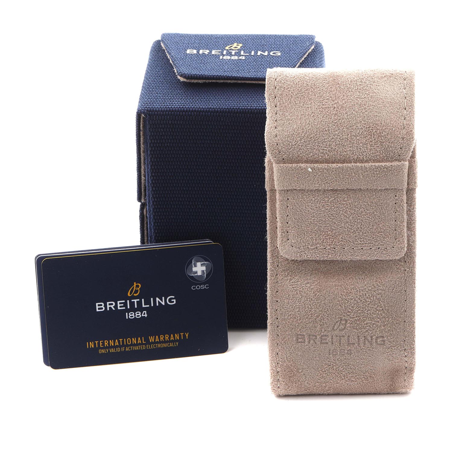 The image shows a Breitling Premier RB0145 Men
s Rose Gold Silver Dial RB0145 Men
s Rose Gold Silver Dial watch
s packaging, a warranty card, and a suede pouch, all viewed from the front.