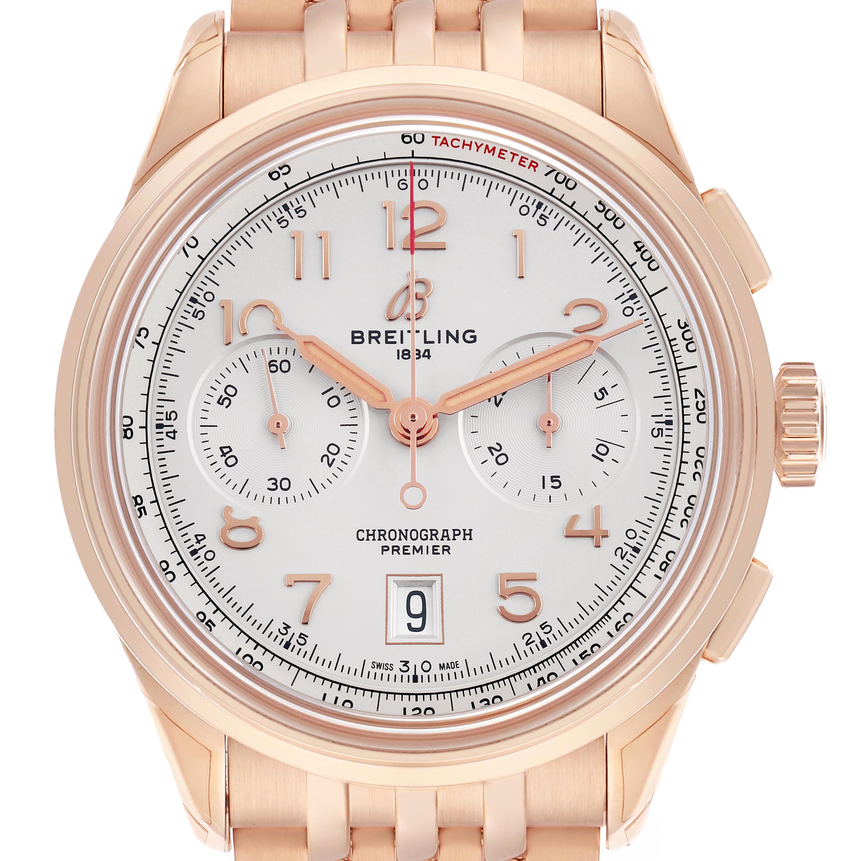 The image shows a frontal view of the Breitling Premier RB0145 Men
s Rose Gold Silver Dial RB0145 Men
s Rose Gold Silver Dial watch, highlighting its tachymeter, subdials, and date window.