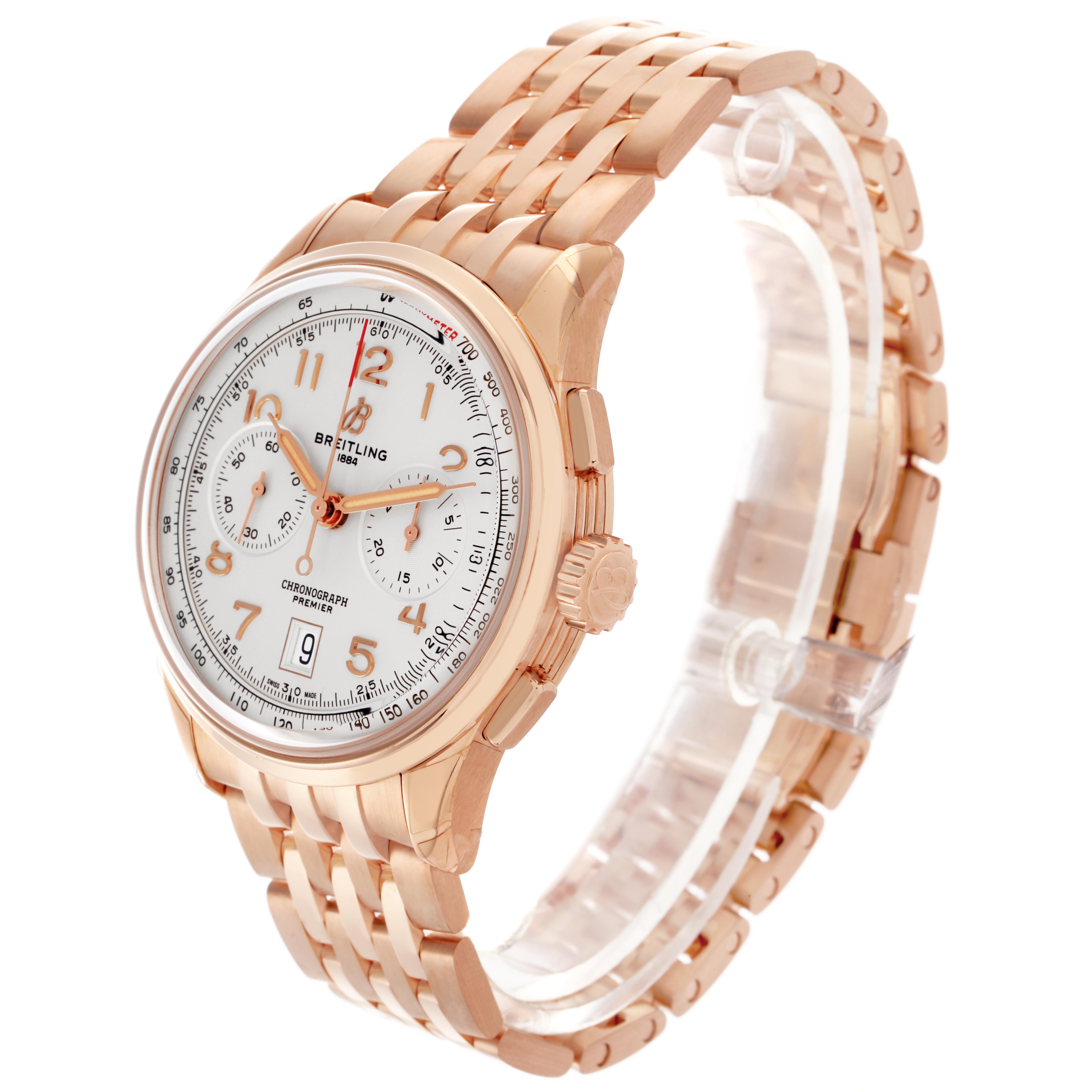 The Breitling Premier RB0145 Men
s Rose Gold Silver Dial RB0145 Men
s Rose Gold Silver Dial watch is shown at an angled side view, highlighting the dial, bezel, crown, and bracelet.
