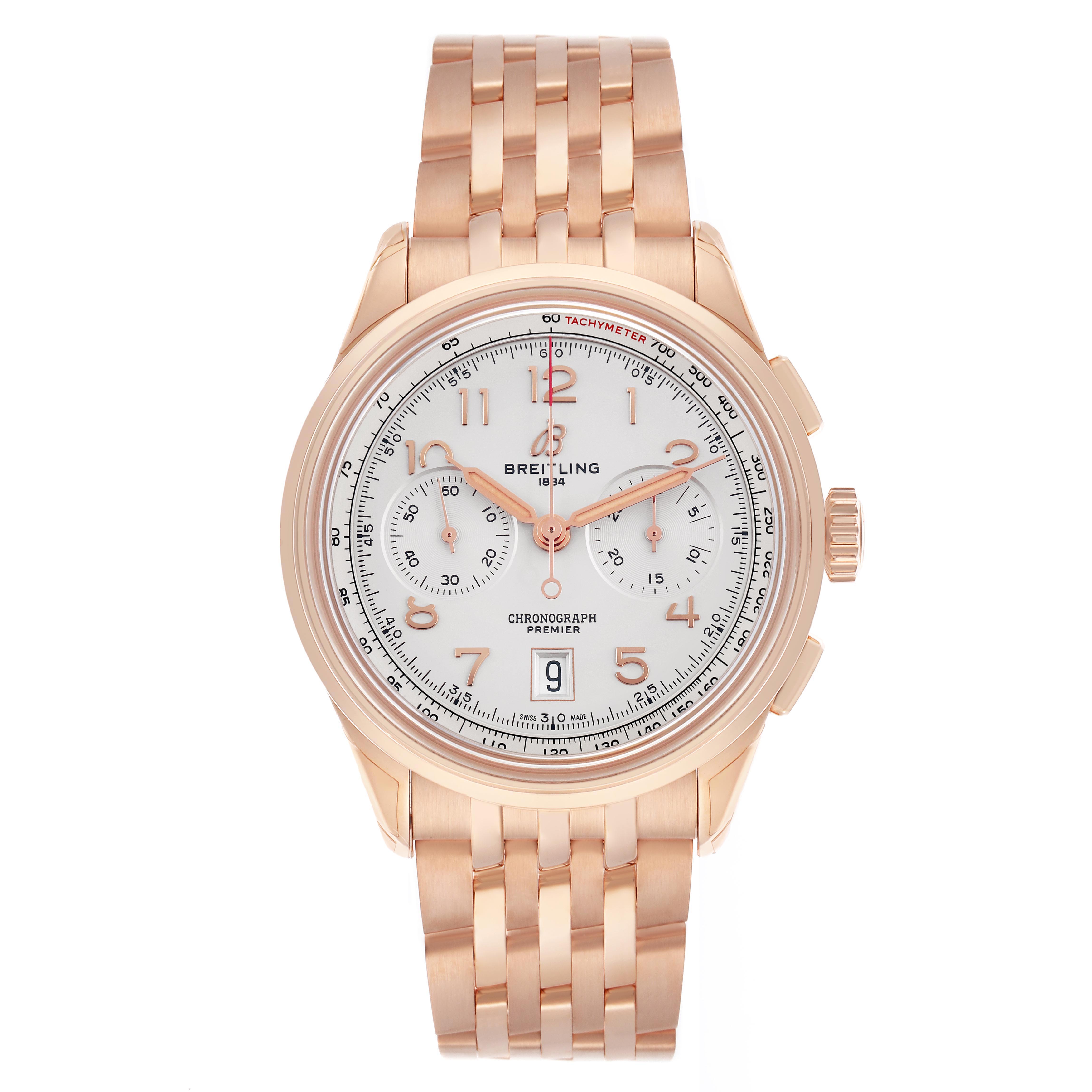 The Breitling Premier RB0145 Men
s Rose Gold Silver Dial RB0145 Men
s Rose Gold Silver Dial watch is shown from a front angle, displaying the dial, chronograph subdials, case, crown, bezel, and bracelet.