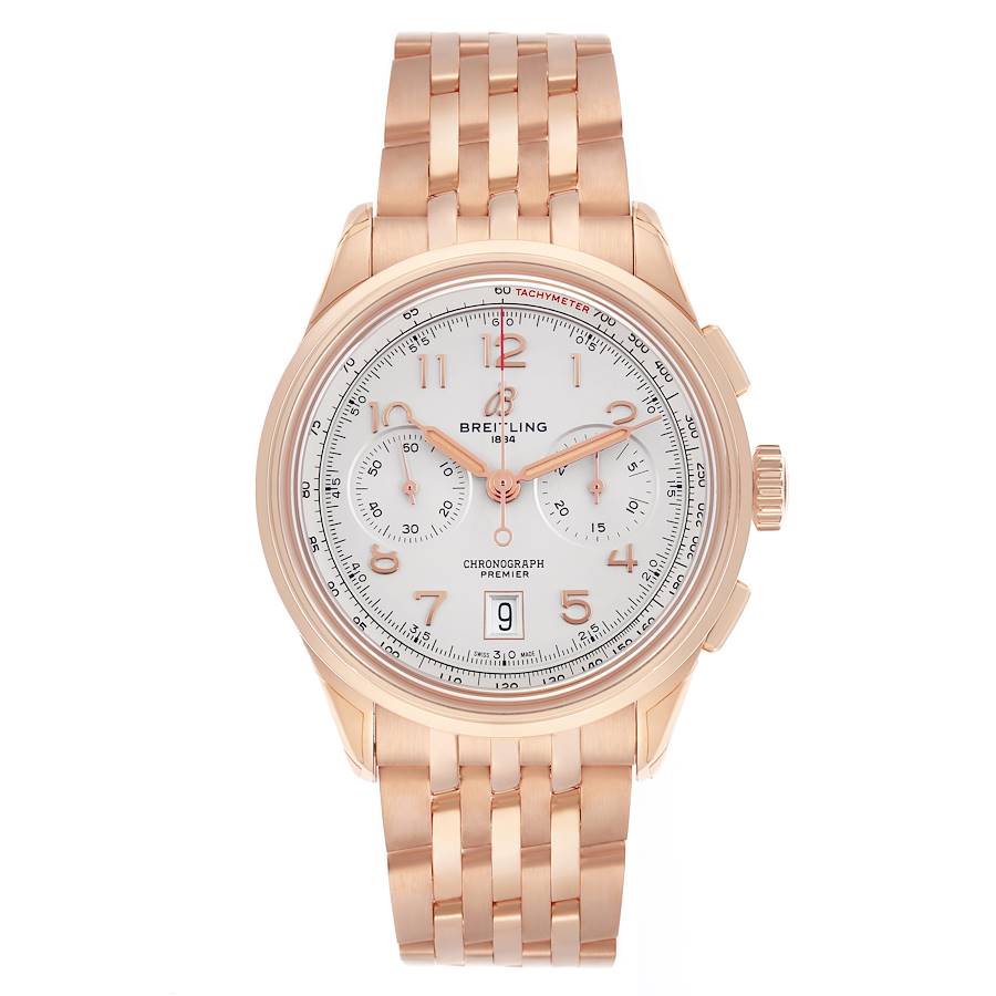 The Breitling Premier watch is shown from a front angle, displaying the dial, chronograph subdials, case, crown, bezel, and bracelet.