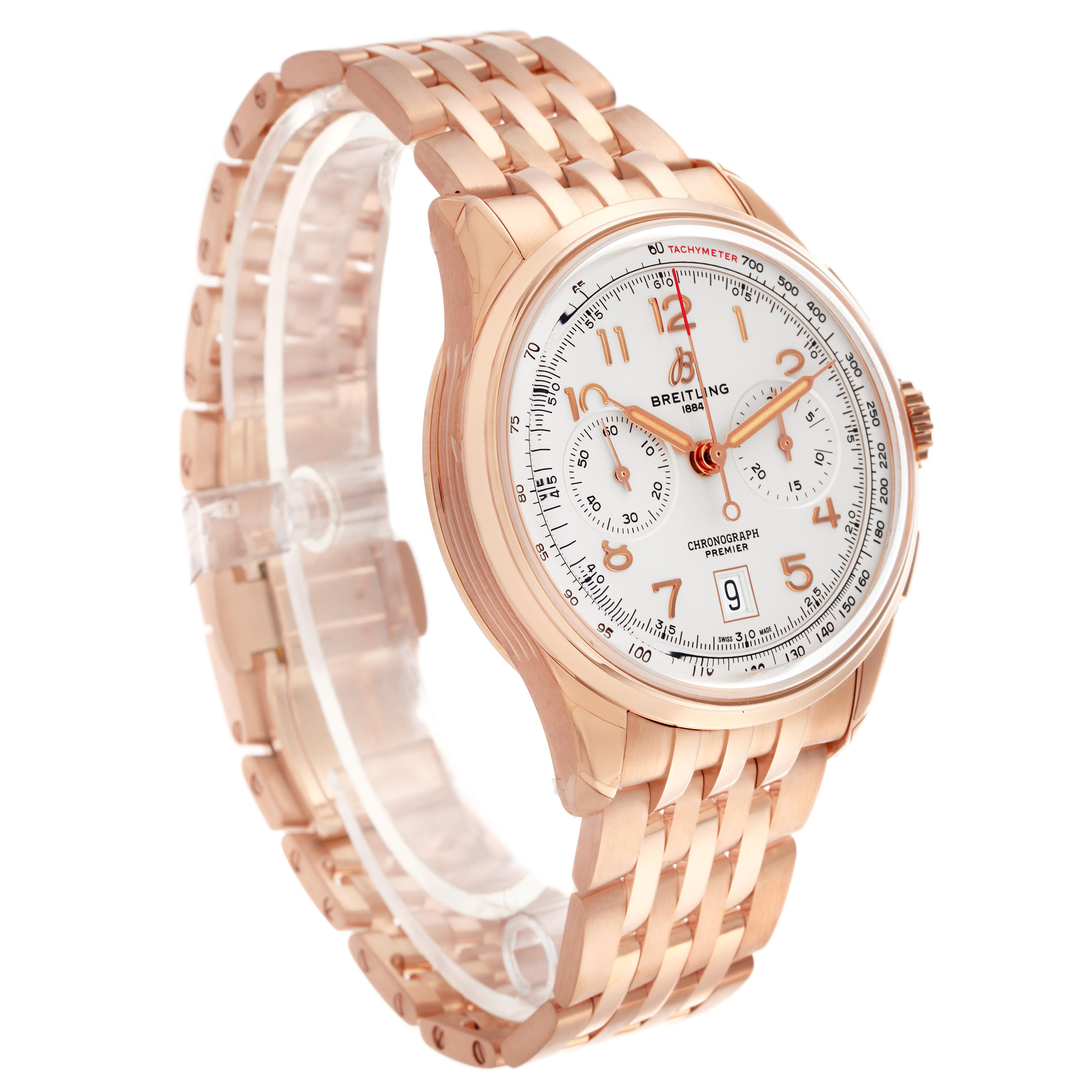 The Breitling Premier RB0145 Men
s Rose Gold Silver Dial RB0145 Men
s Rose Gold Silver Dial model watch is shown at a three-quarter angle highlighting the face, crown, and bracelet.