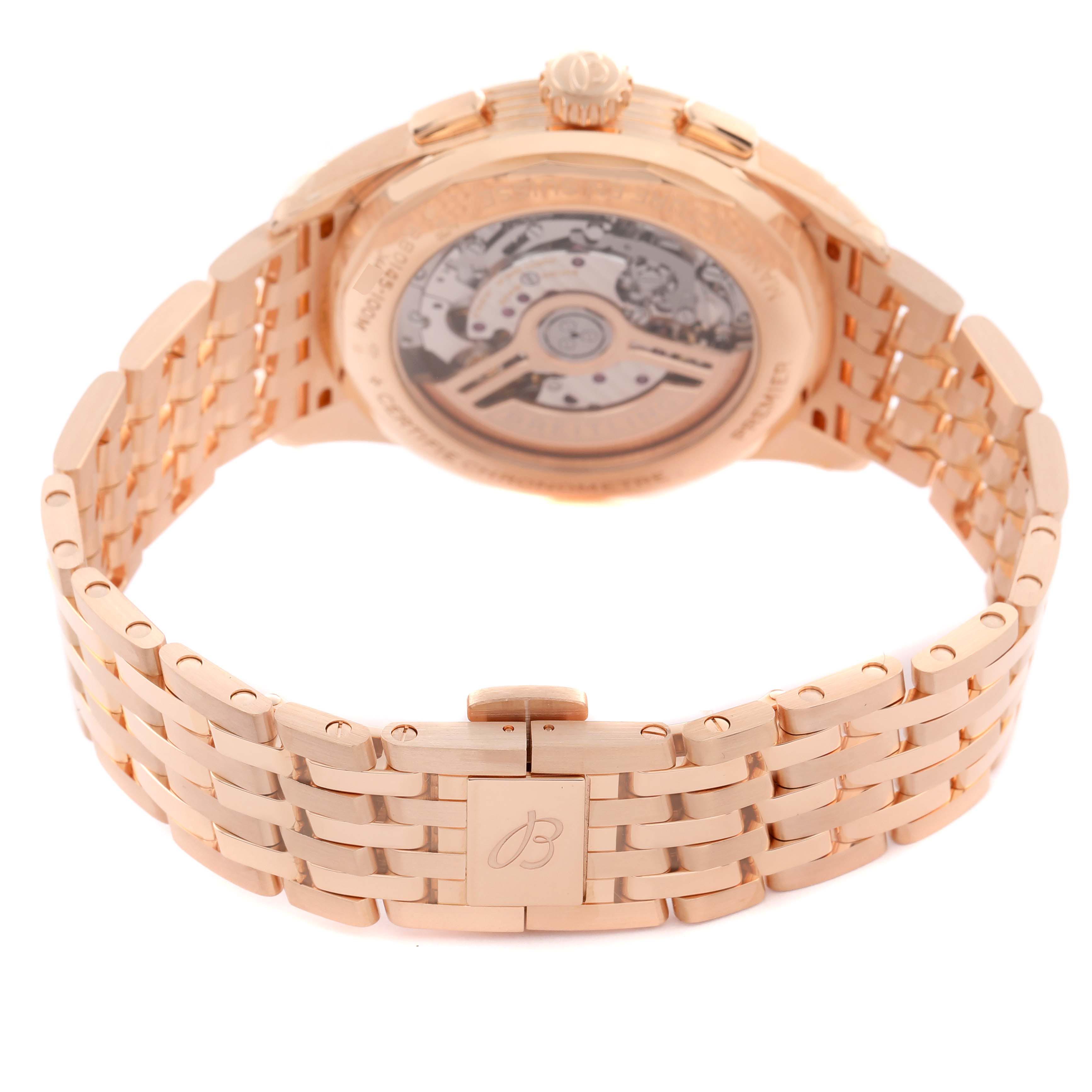 The image shows the back view of a Breitling Premier RB0145 Men
s Rose Gold Silver Dial RB0145 Men
s Rose Gold Silver Dial watch, focusing on the open case back and metal bracelet.