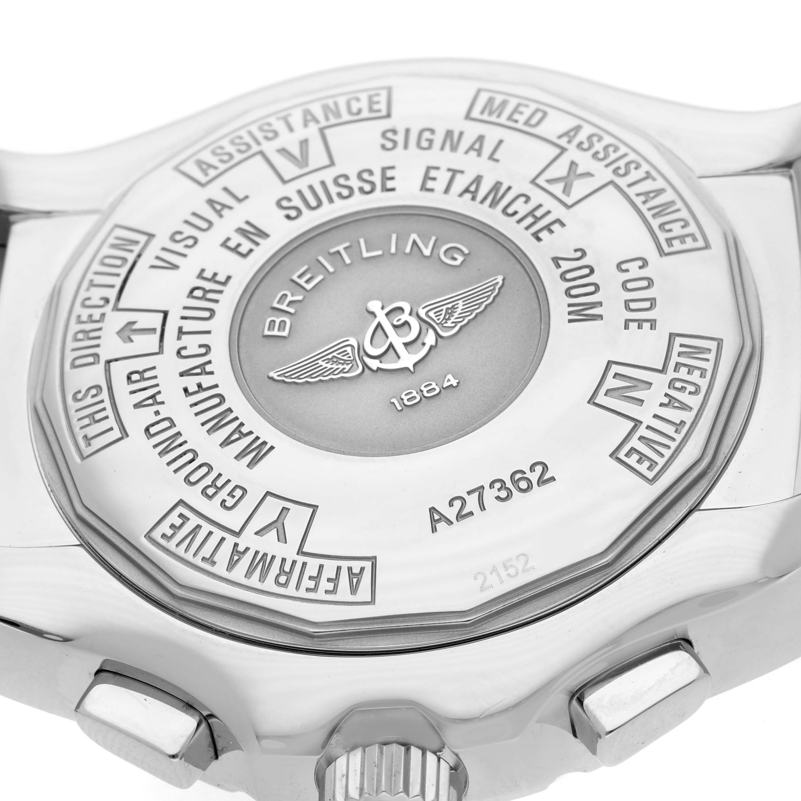 The image shows the back case of a Breitling Professional Series A27362 Men
s Stainless Steel Silver Dial A27362 Men
s Stainless Steel Silver Dial watch, highlighting engravings and the crown.