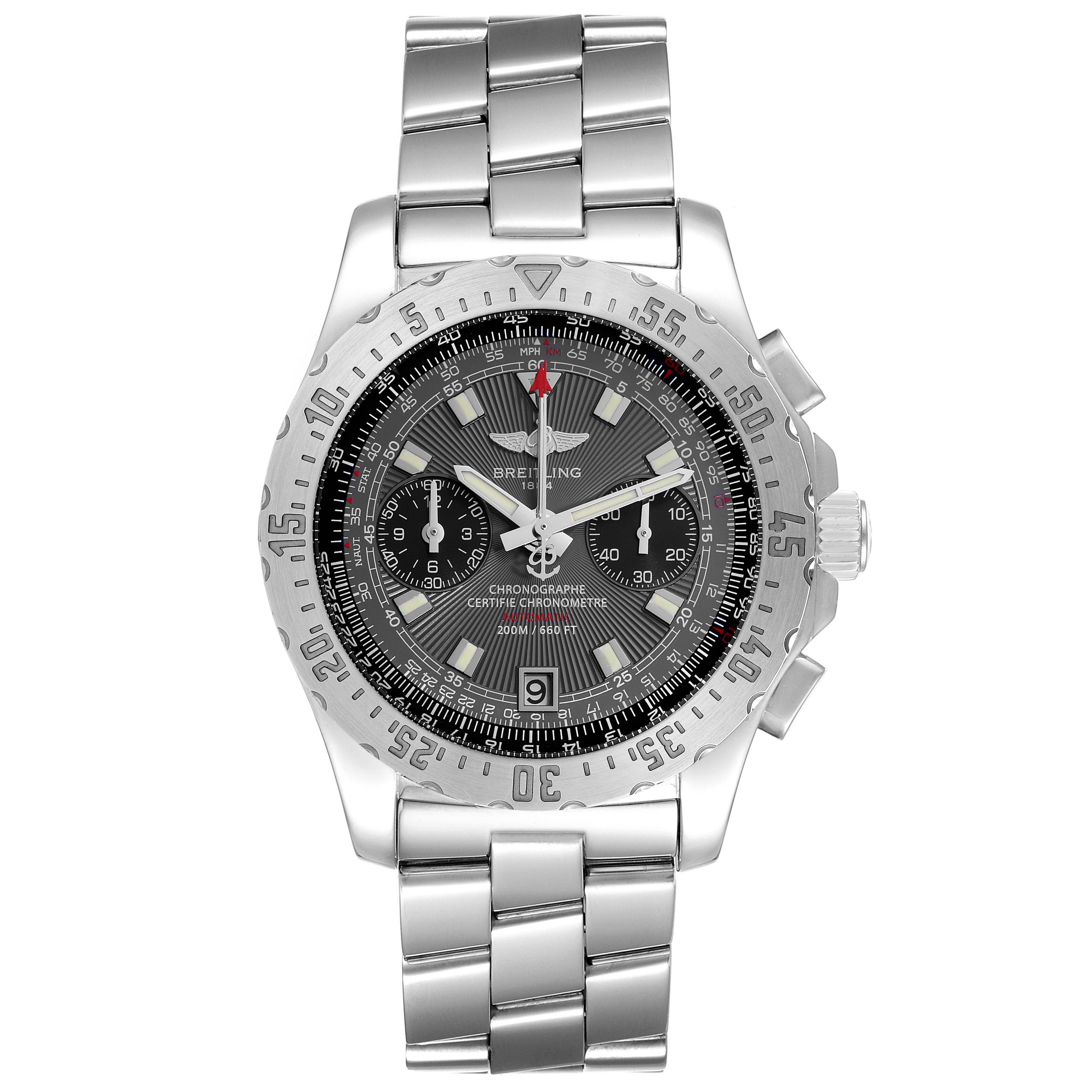 The Breitling Professional Series A27362 Men
s Stainless Steel Silver Dial A27362 Men
s Stainless Steel Silver Dial watch is shown from a front angle, displaying its face, bezel, and metal bracelet.