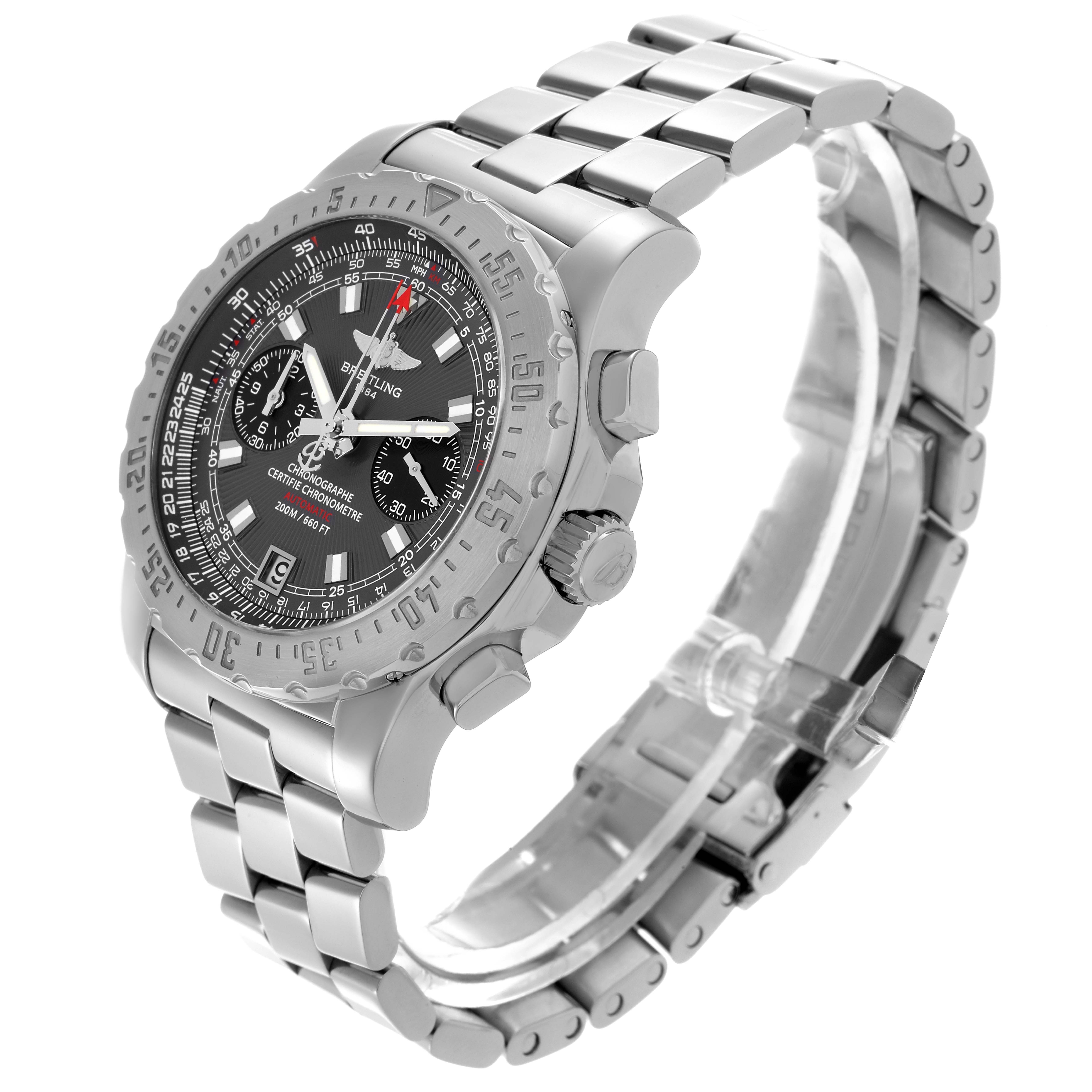 The Breitling Professional Series A27362 Men
s Stainless Steel Silver Dial A27362 Men
s Stainless Steel Silver Dial watch is shown at a three-quarter angle, highlighting the face, bezel, crown, and linked strap.