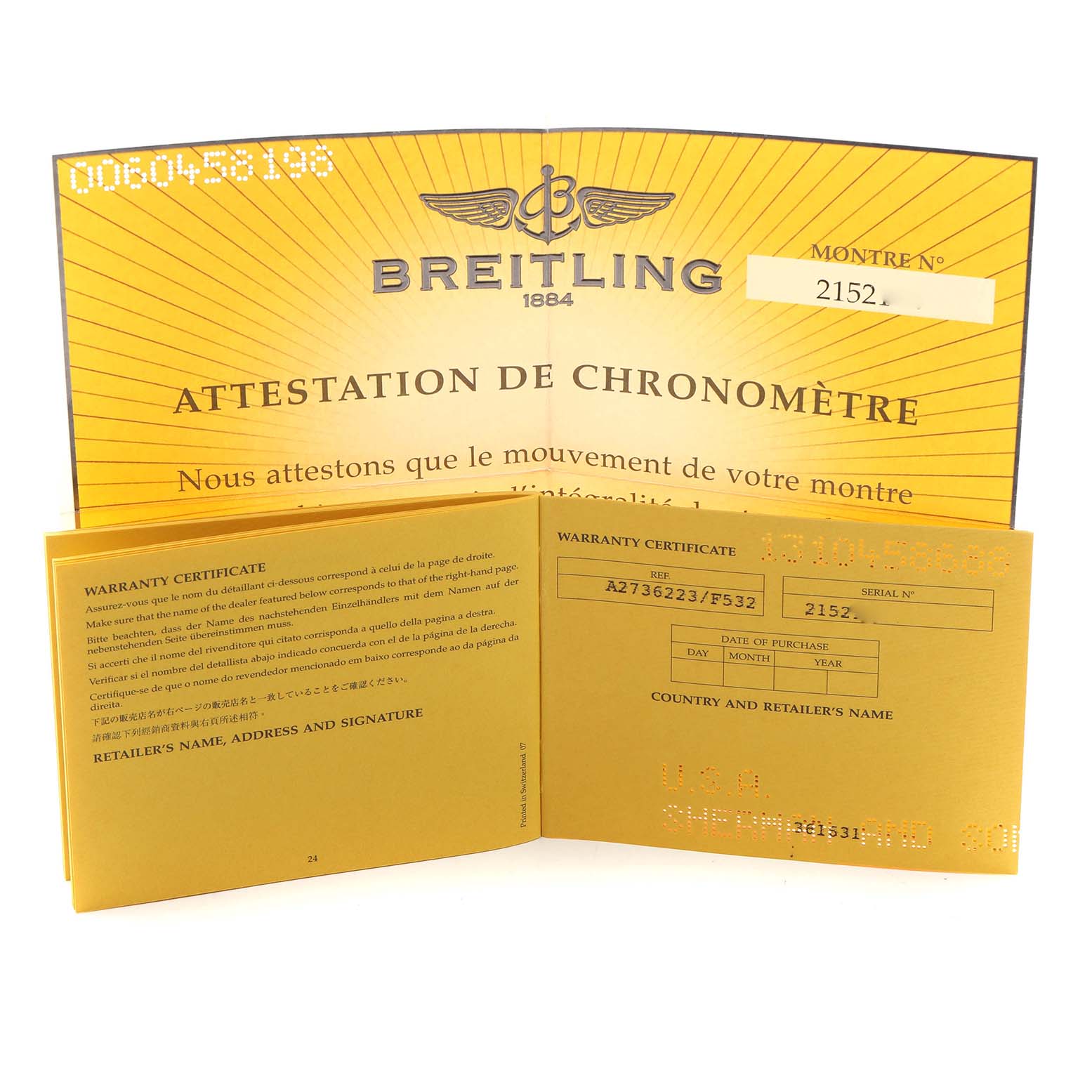 The image shows the warranty certificate and chronometer attestation documents for a Breitling Professional Series A27362 Men
s Stainless Steel Silver Dial A27362 Men
s Stainless Steel Silver Dial watch.