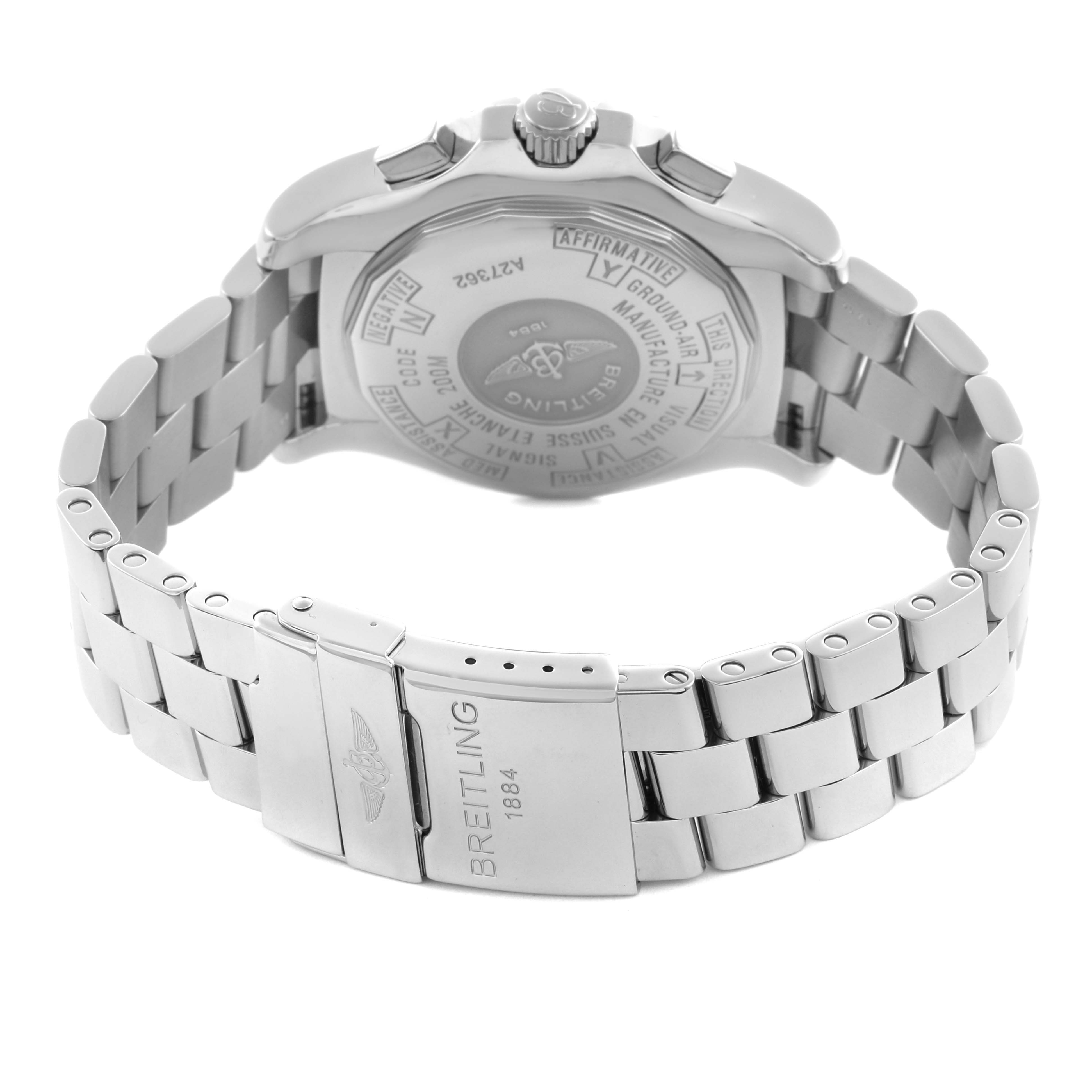 The Breitling Professional Series A27362 Men
s Stainless Steel Silver Dial A27362 Men
s Stainless Steel Silver Dial watch is shown from the back, focusing on its case back and stainless steel bracelet.