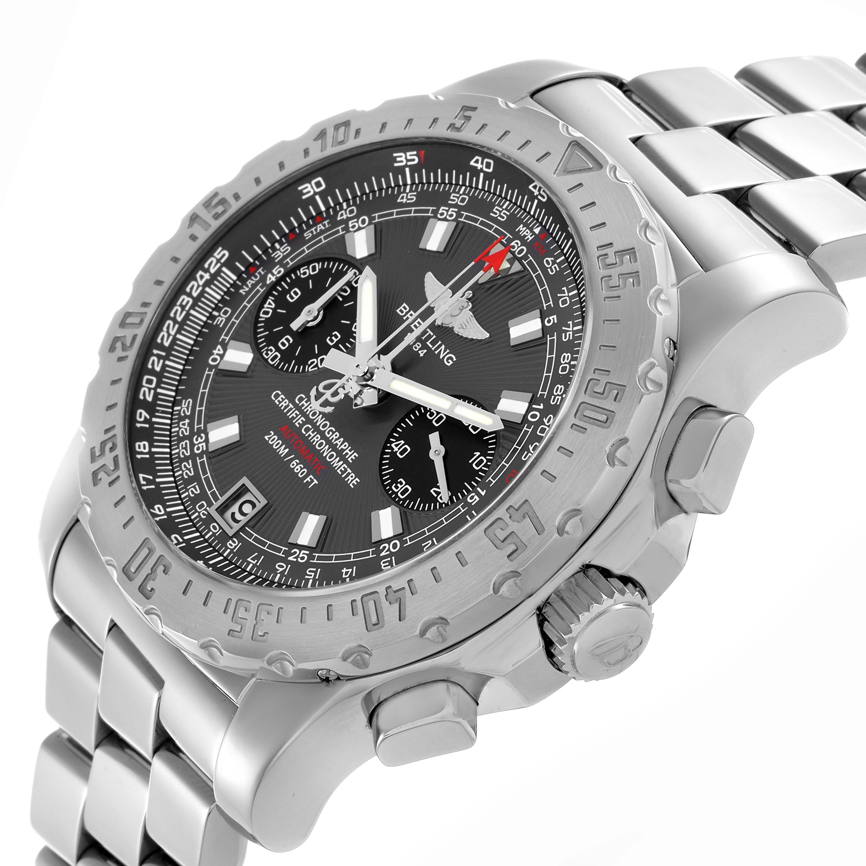 The Breitling Professional Series A27362 Men
s Stainless Steel Silver Dial A27362 Men
s Stainless Steel Silver Dial watch is angled to show the dial, bezel, crown, and metal bracelet.