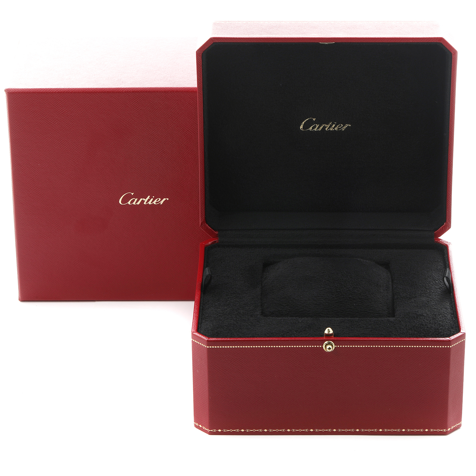 The image shows the open red presentation box for a Cartier Ballon Bleu WE9005Z3 Women
s Rose Gold Silver Dial WE9005Z3 Women
s Rose Gold Silver Dial watch, featuring the brand logo inside.