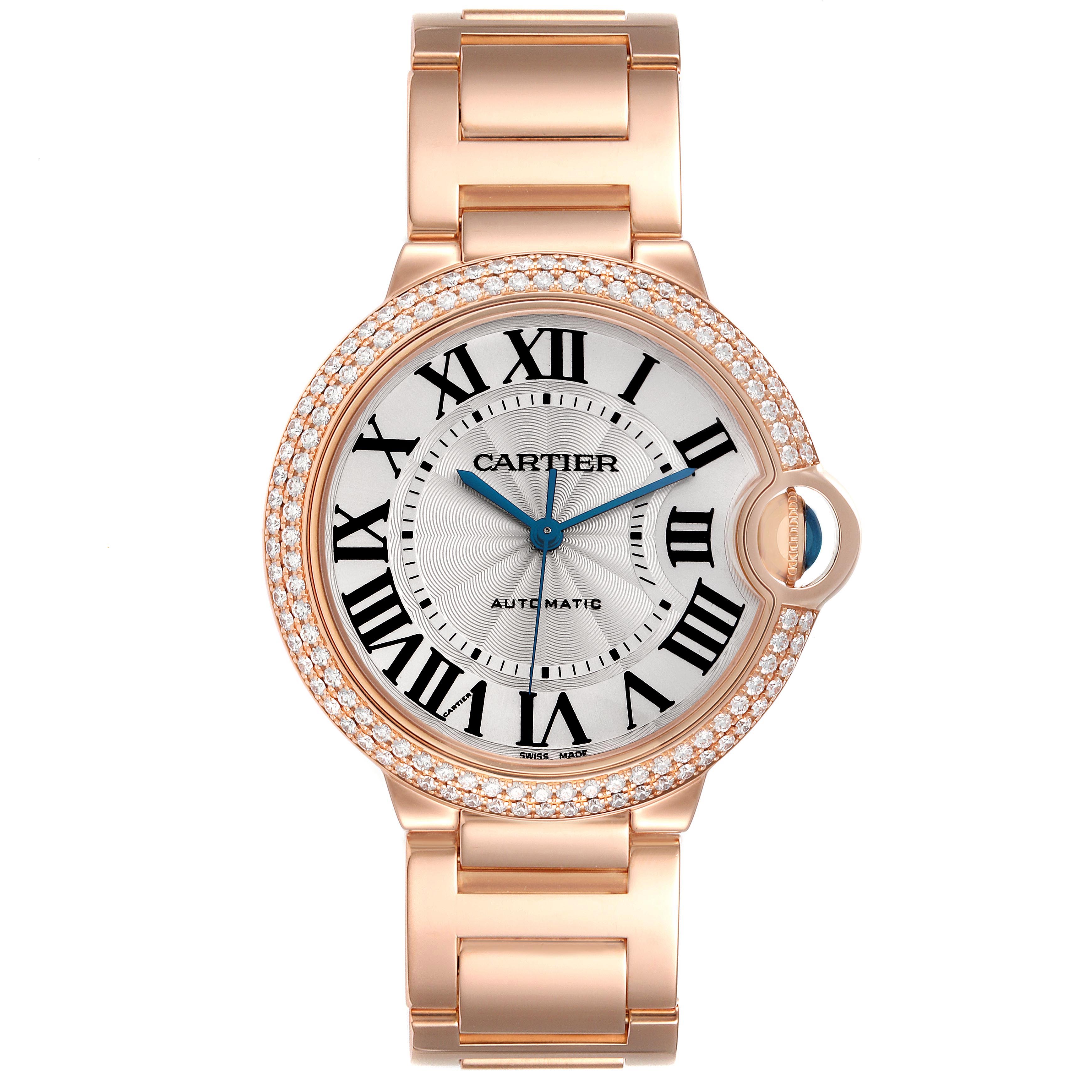 The Cartier Ballon Bleu WE9005Z3 Women
s Rose Gold Silver Dial WE9005Z3 Women
s Rose Gold Silver Dial watch is shown from a top view, highlighting its round face, Roman numerals, and diamond-set bezel.