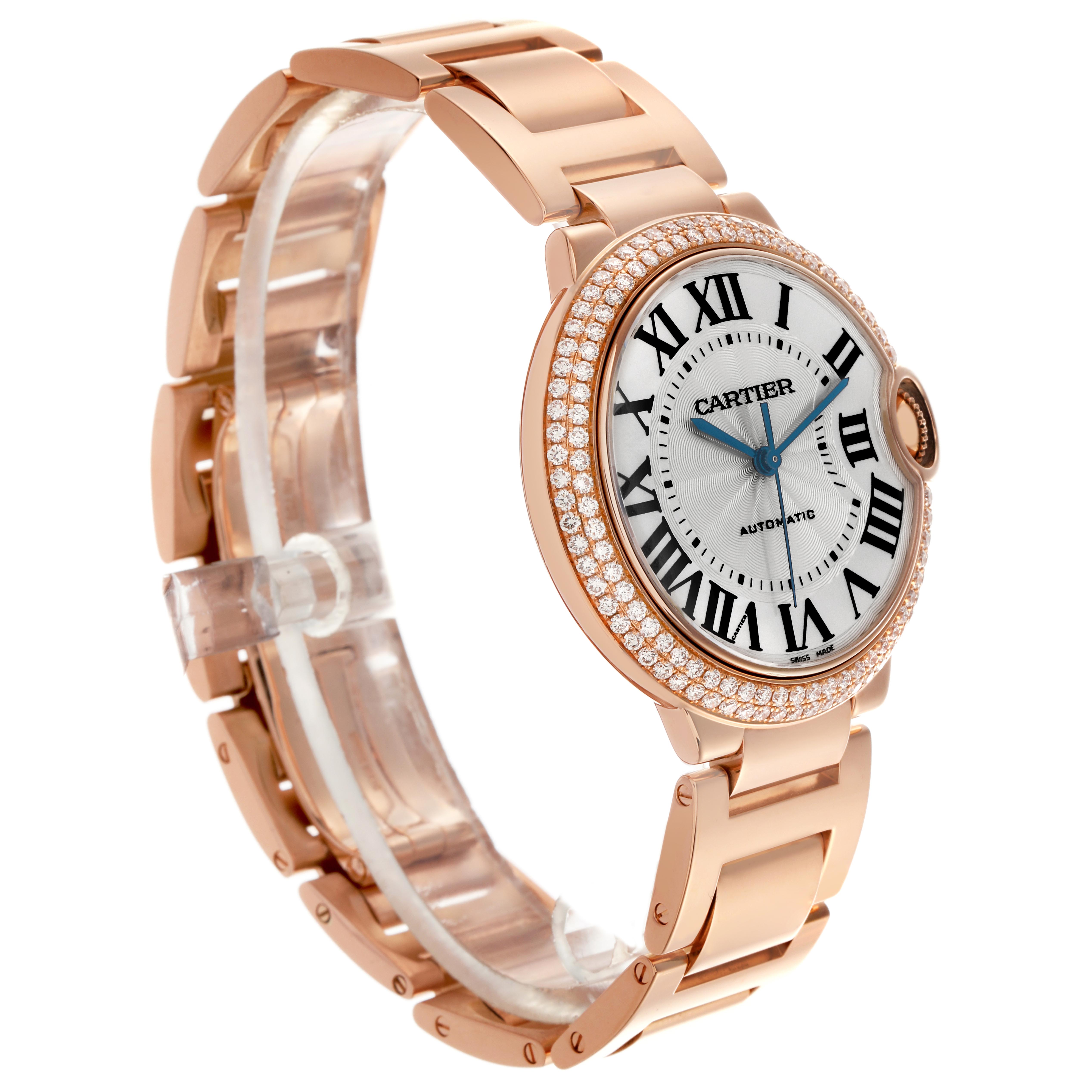 The Cartier Ballon Bleu WE9005Z3 Women
s Rose Gold Silver Dial WE9005Z3 Women
s Rose Gold Silver Dial watch is shown at an angle displaying its face, bracelet, and diamond-set bezel.