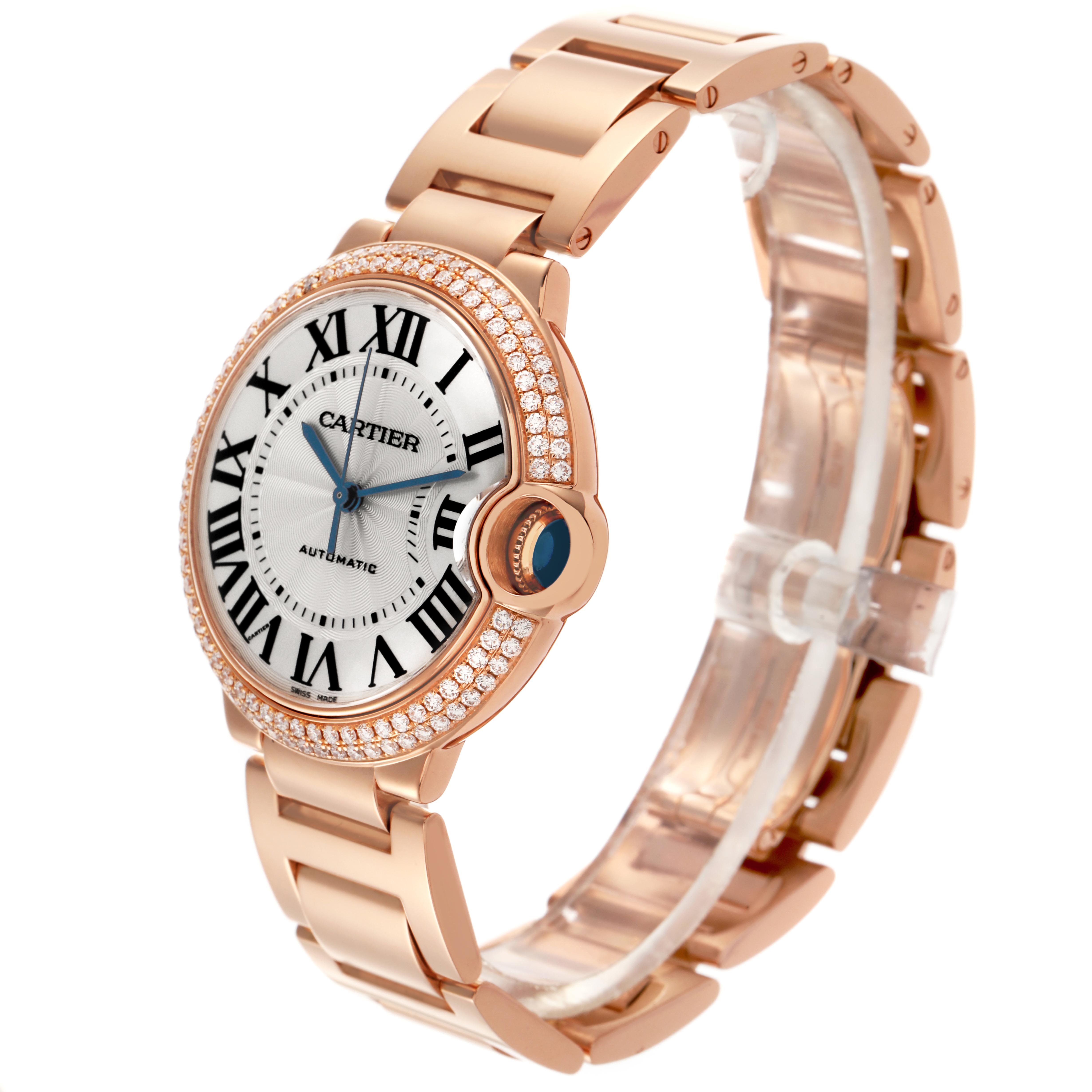 The Cartier Ballon Bleu WE9005Z3 Women
s Rose Gold Silver Dial WE9005Z3 Women
s Rose Gold Silver Dial watch is shown at a three-quarter angle, highlighting the face, bezel, and part of the bracelet.