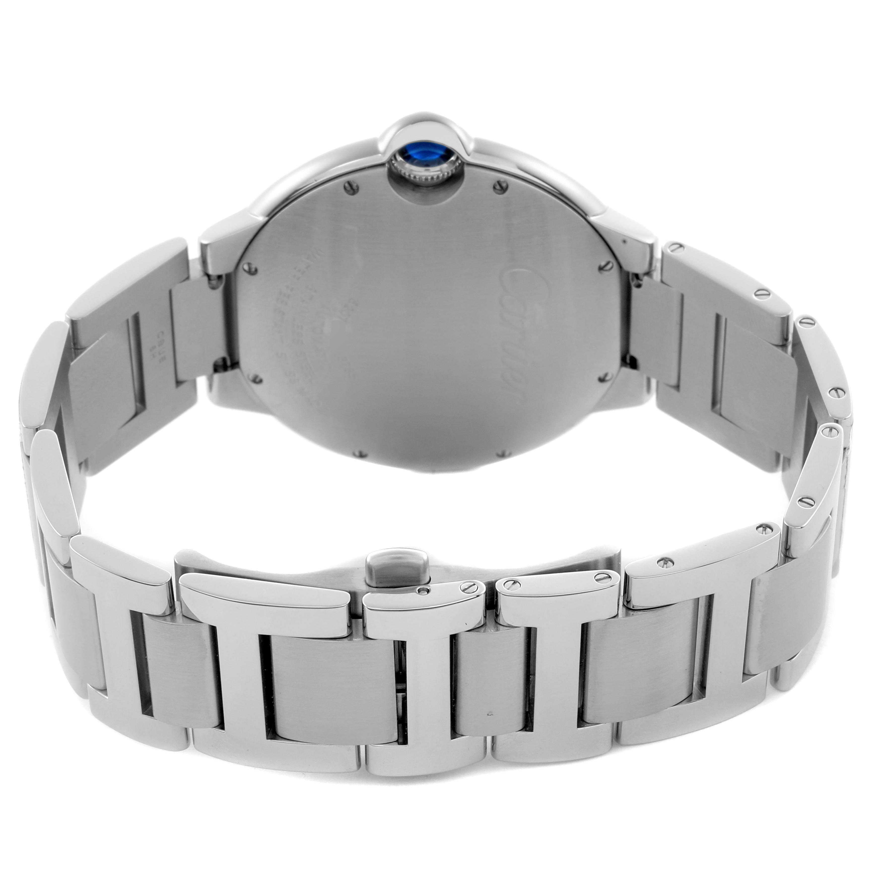 The image shows the back of the Cartier Ballon Bleu W69012Z4 Men
s Stainless Steel Silver Dial W69012Z4 Men
s Stainless Steel Silver Dial watch, highlighting the bracelet and the crown with a blue cabochon.