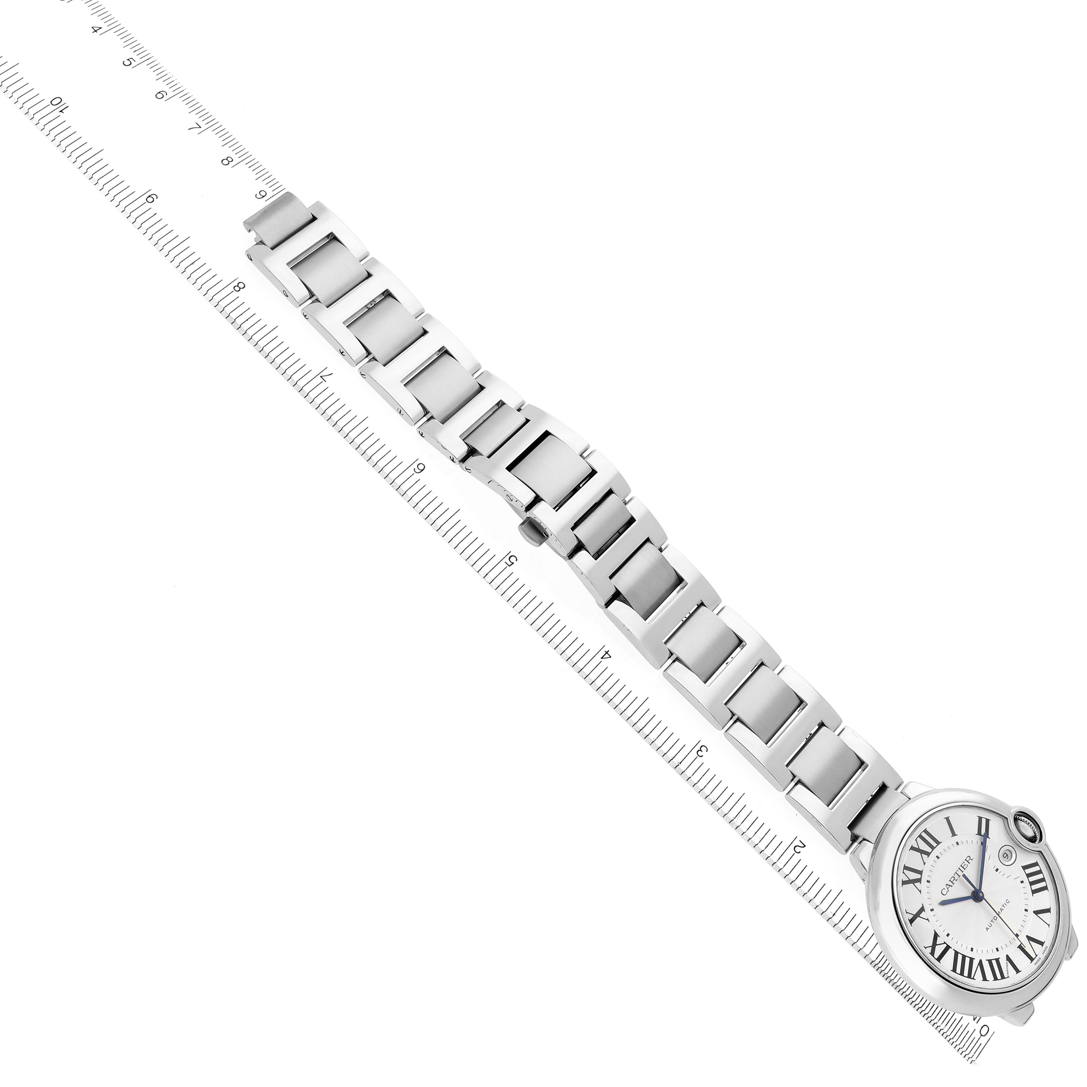 The Cartier Ballon Bleu W69012Z4 Men
s Stainless Steel Silver Dial W69012Z4 Men
s Stainless Steel Silver Dial watch is shown angled diagonally with a clear view of its bracelet and face.