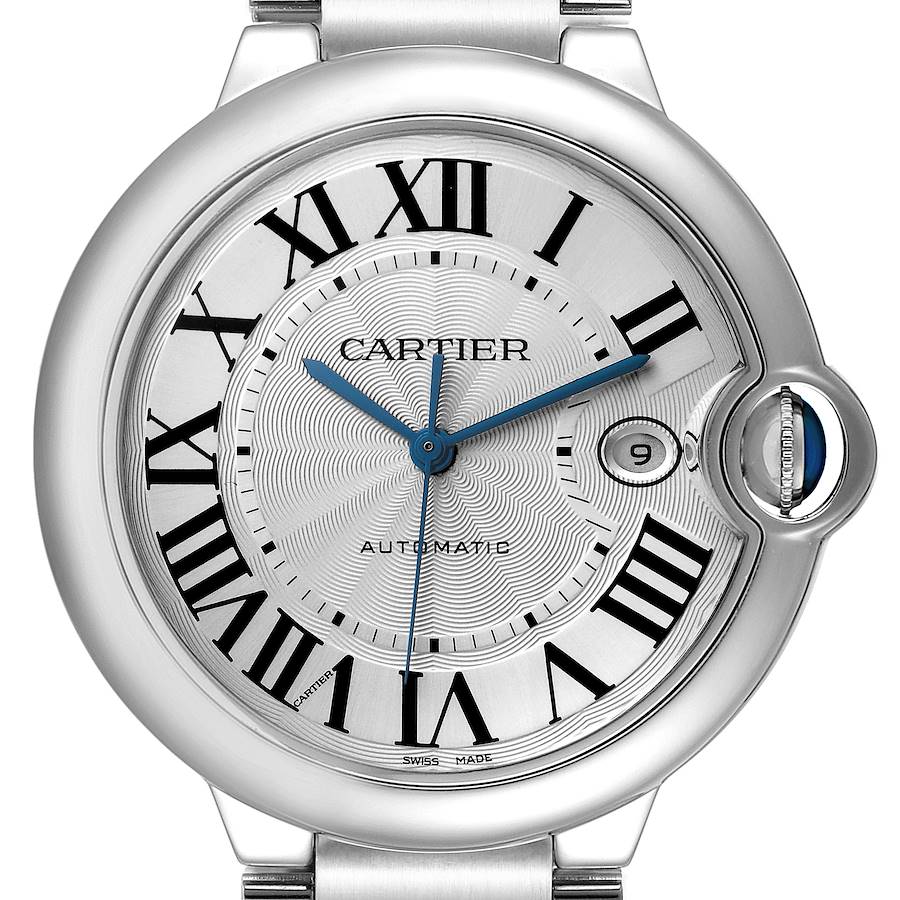 The Cartier Ballon Bleu watch is shown from the front, displaying its dial, blue hands, Roman numerals, and crown with a cabochon.