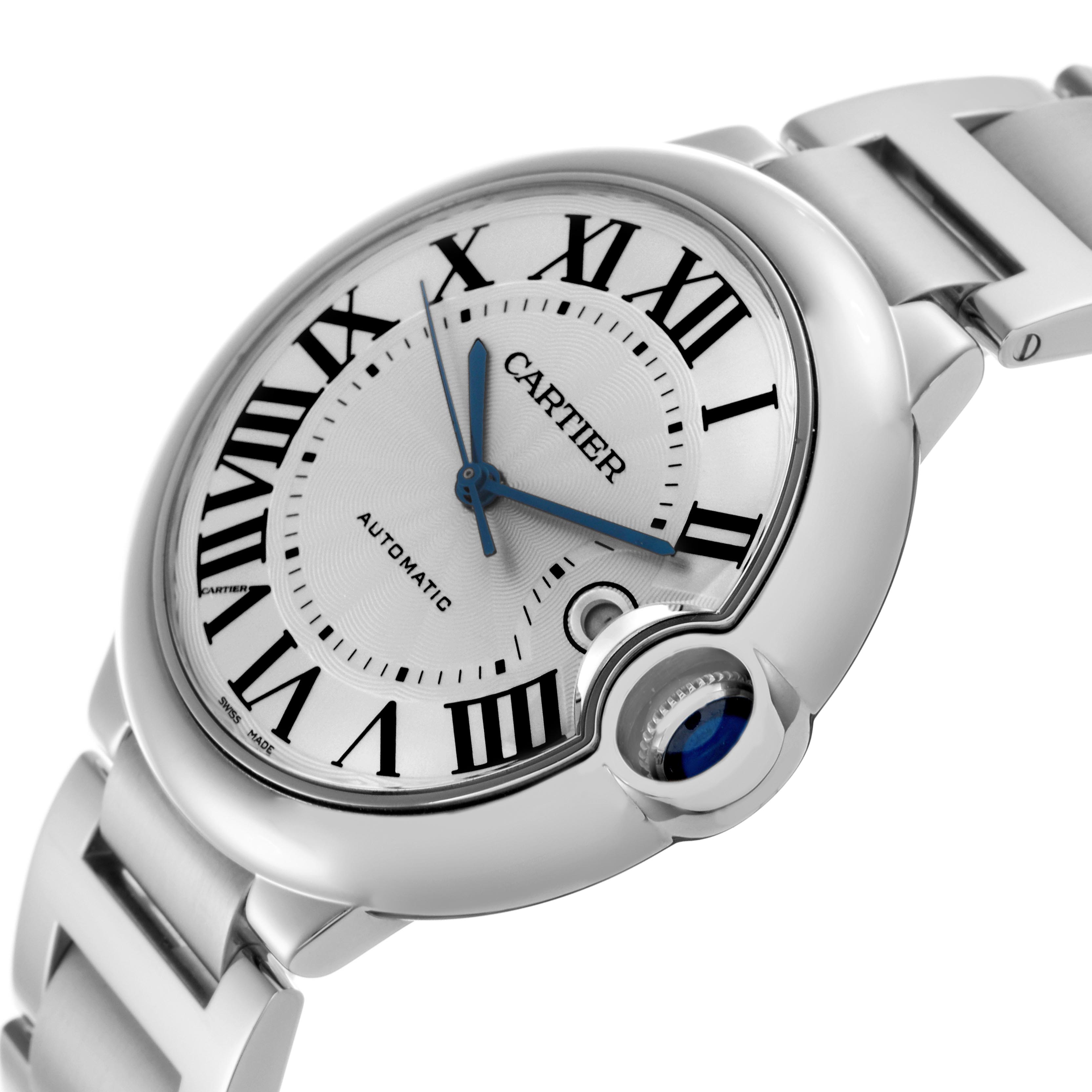 The Cartier Ballon Bleu W69012Z4 Men
s Stainless Steel Silver Dial W69012Z4 Men
s Stainless Steel Silver Dial watch is shown at an angled close-up, highlighting the dial, bracelet, and sapphire crown.