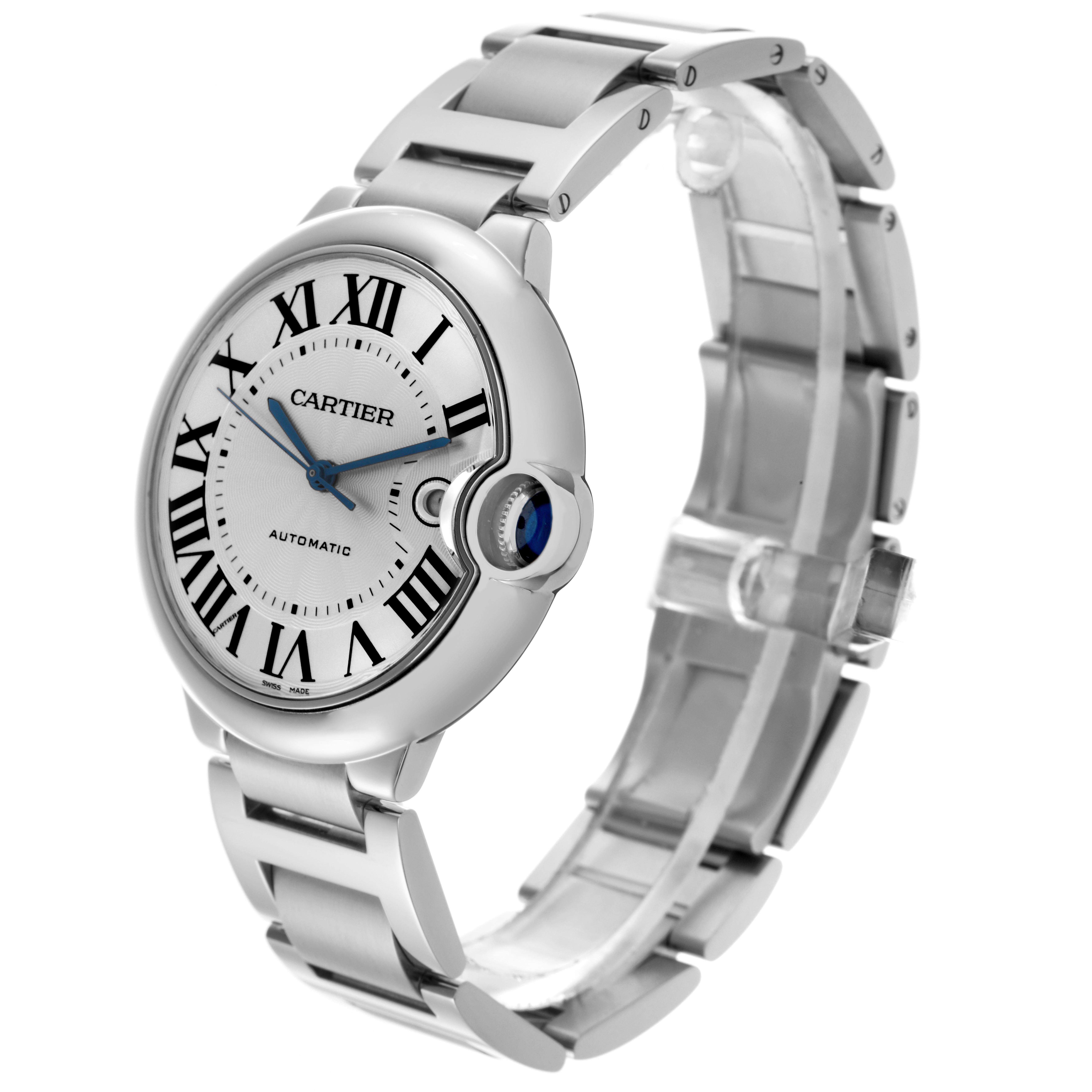 The image shows a Cartier Ballon Bleu W69012Z4 Men
s Stainless Steel Silver Dial W69012Z4 Men
s Stainless Steel Silver Dial watch from a front-side angle, highlighting its face, bracelet, and crown.