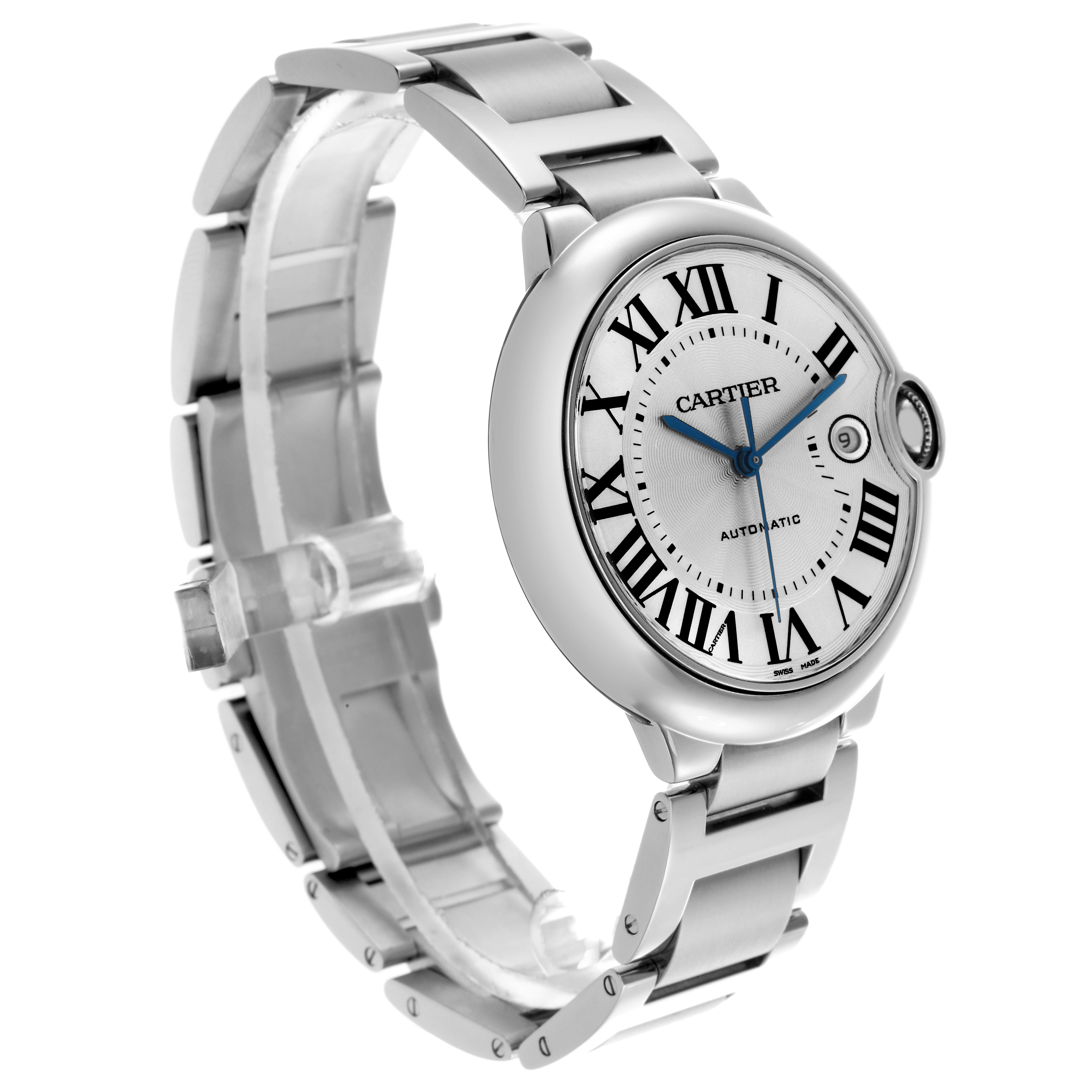 The Cartier Ballon Bleu W69012Z4 Men
s Stainless Steel Silver Dial W69012Z4 Men
s Stainless Steel Silver Dial watch is shown at a three-quarter angle, highlighting the face, bracelet, and crown.