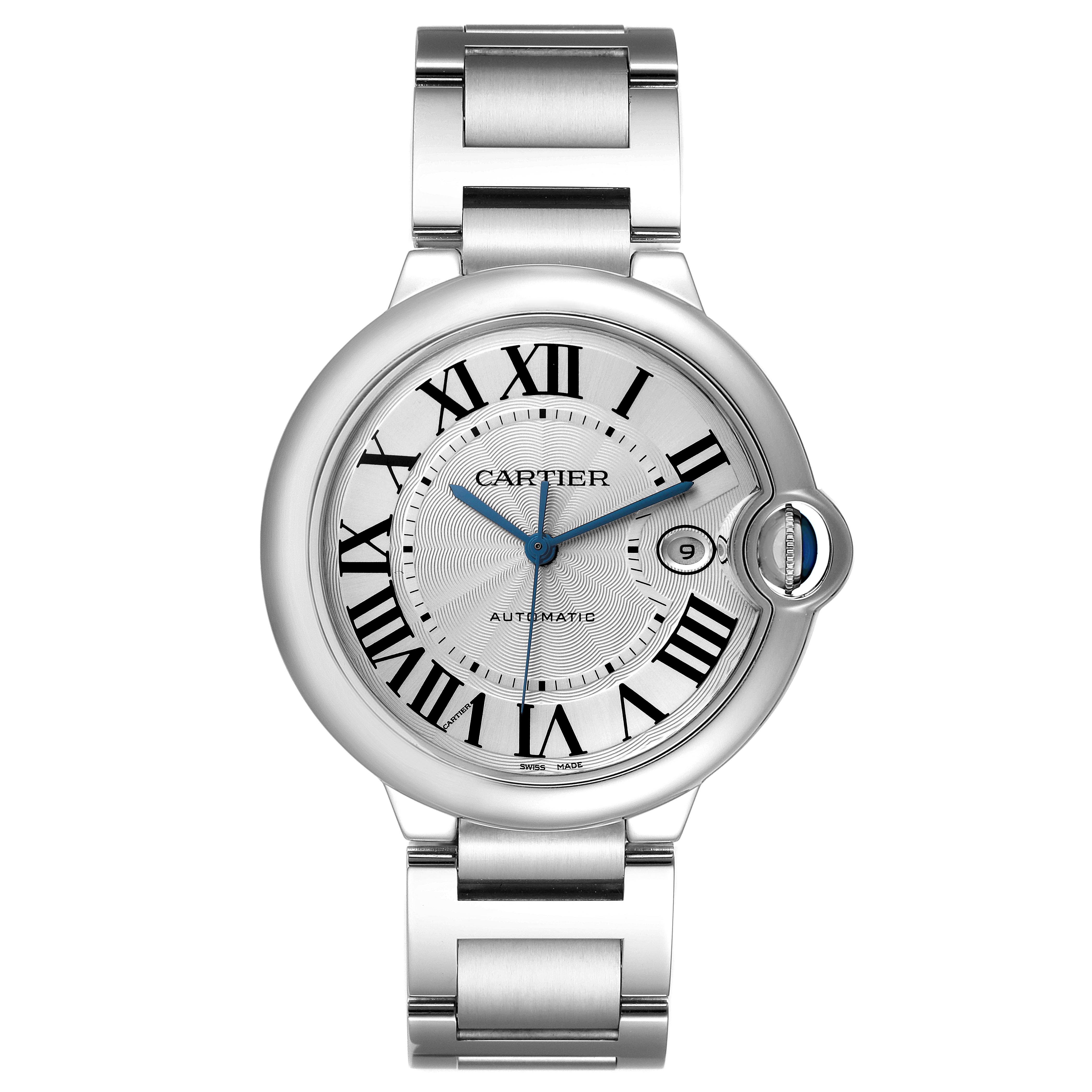 The Ballon Bleu by Cartier is shown from the front, displaying the dial, bezel, crown, and metal bracelet.