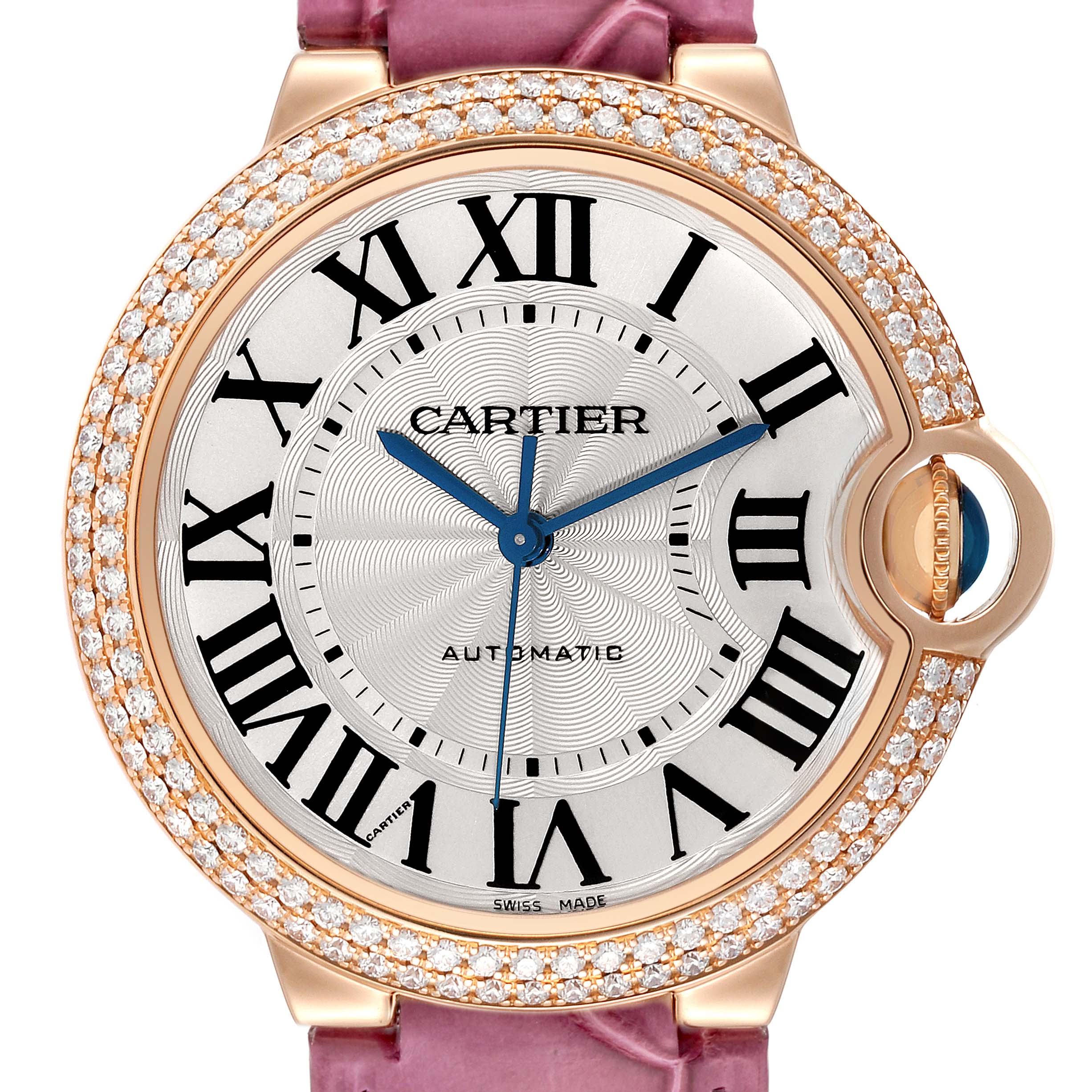 The image shows a close-up of the Cartier Ballon Bleu WE900551 Women's Rose Gold Silver Dial WE900551 Women's Rose Gold Silver Dial watch face, highlighting its Roman numerals, diamond bezel, and blue hands.