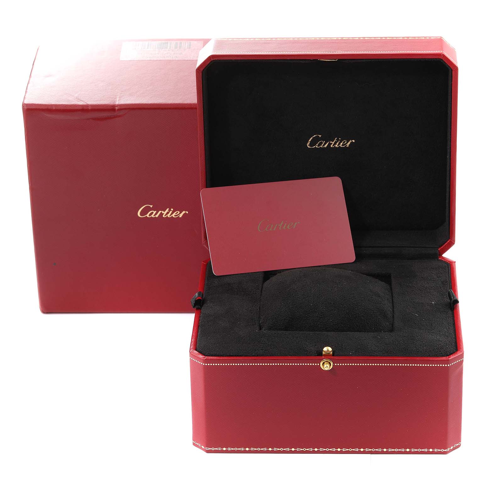 This image shows a Cartier Ballon Bleu WE900551 Women's Rose Gold Silver Dial WE900551 Women's Rose Gold Silver Dial watch box and accessories, including the outer box and a card.