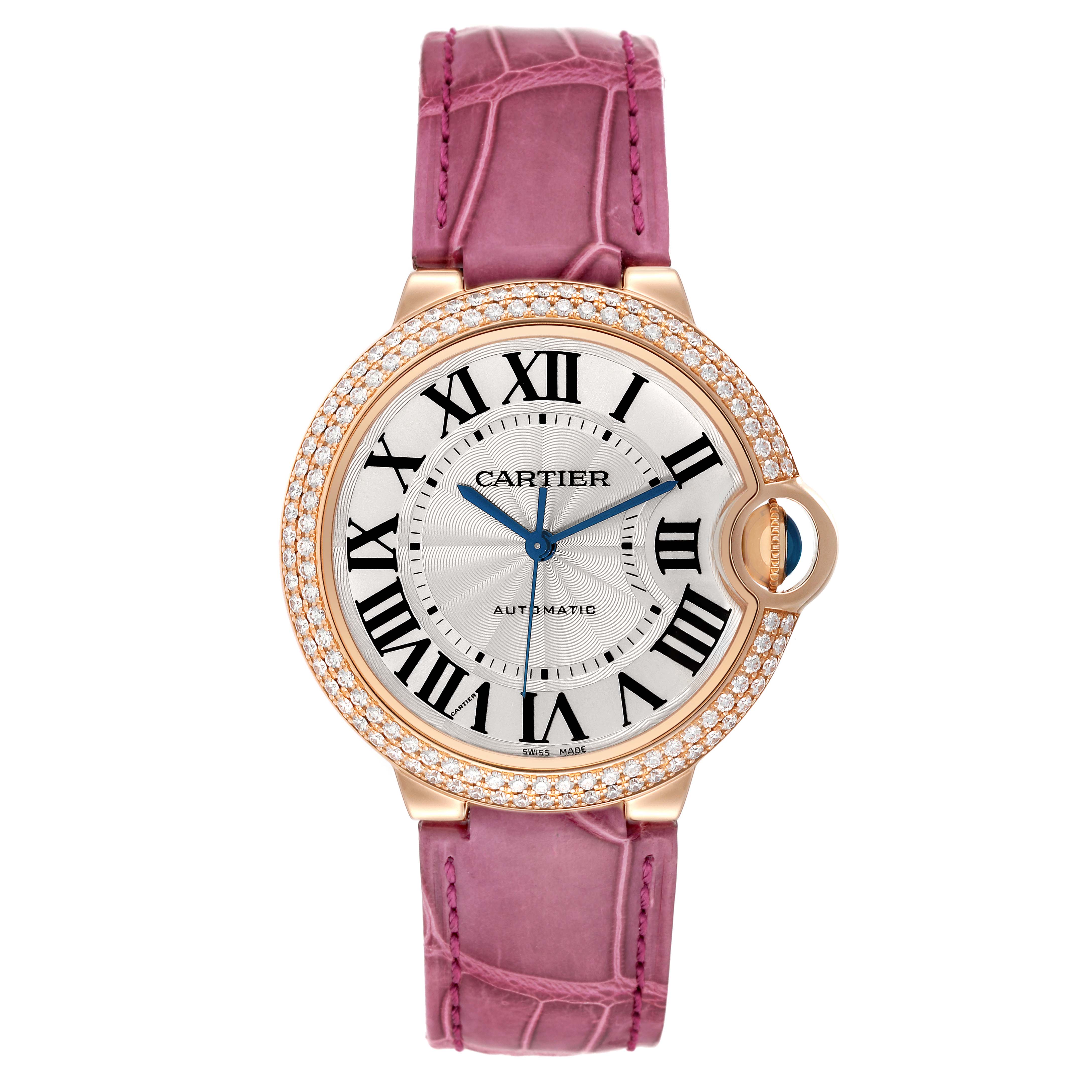 This image shows a front view of a Cartier Ballon Bleu WE900551 Women's Rose Gold Silver Dial WE900551 Women's Rose Gold Silver Dial model, with a pink strap and a diamond-set bezel.